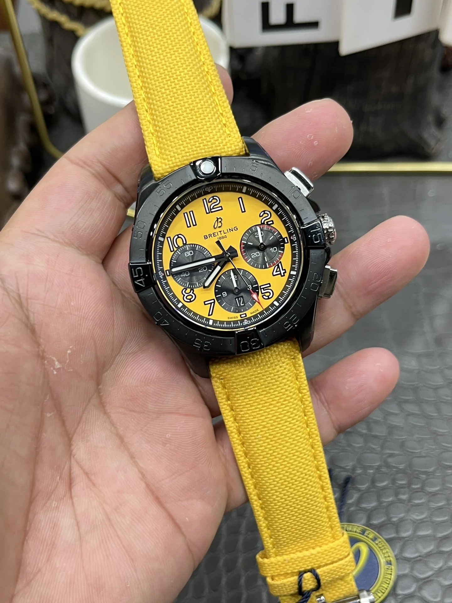 Breitling Avenger Yellow Dial 44mm — photographed off the sweep