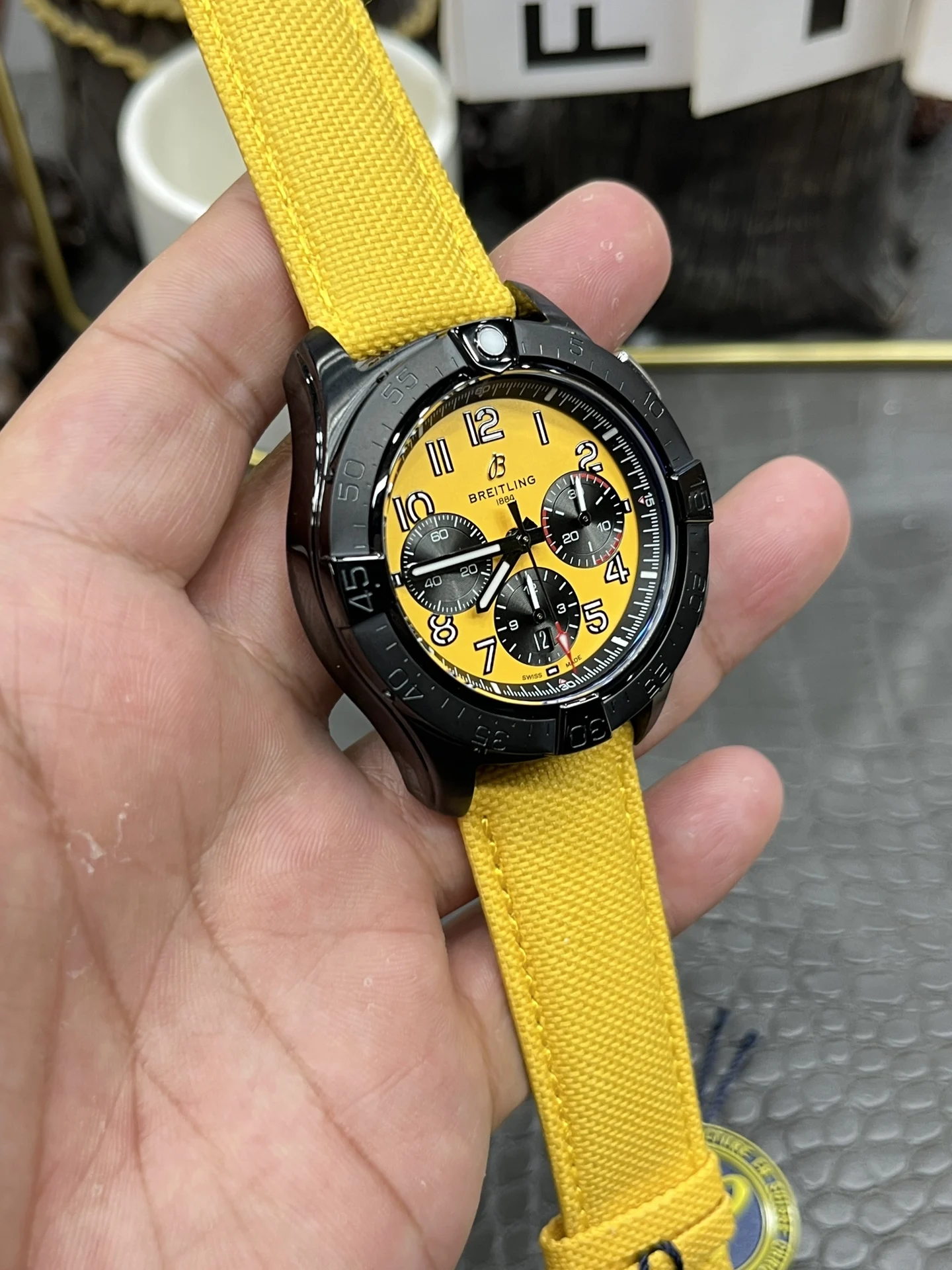 Breitling Avenger Yellow Dial 44mm — photographed off the sweep