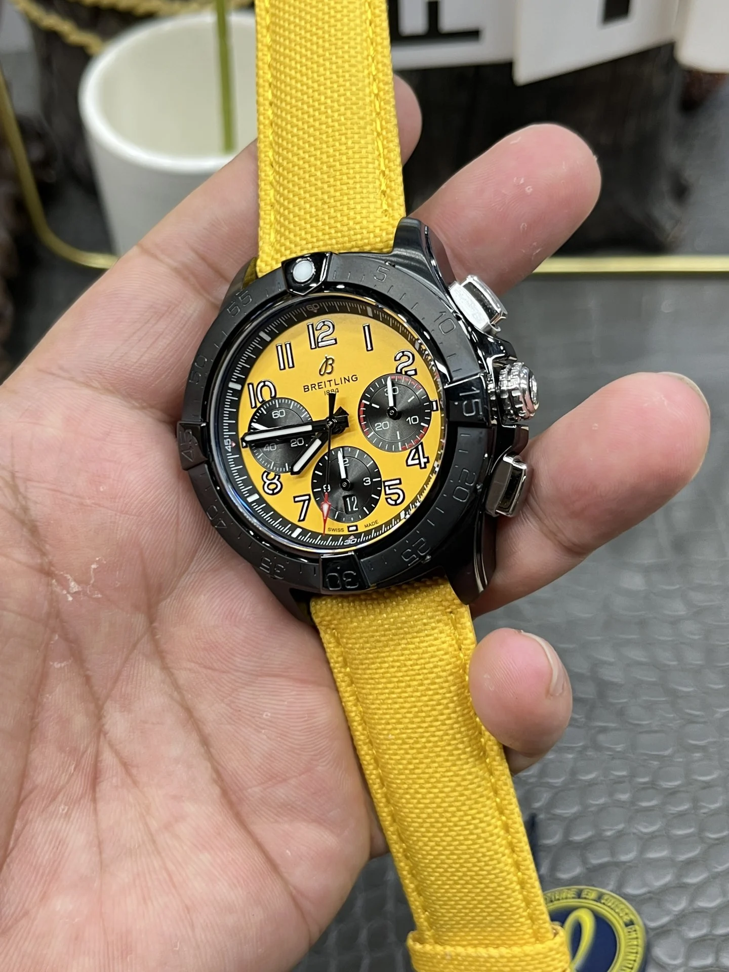 Breitling Avenger Yellow Dial 44mm — photographed off the sweep