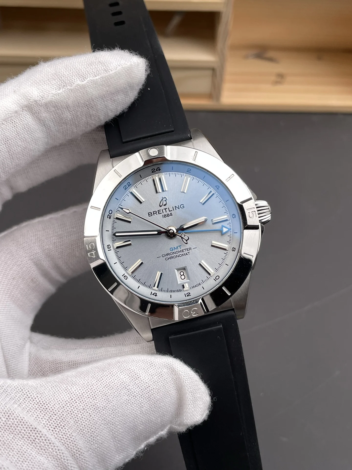 Breitling Ice Blue Blue Dial 40mm — photographed off the sweep