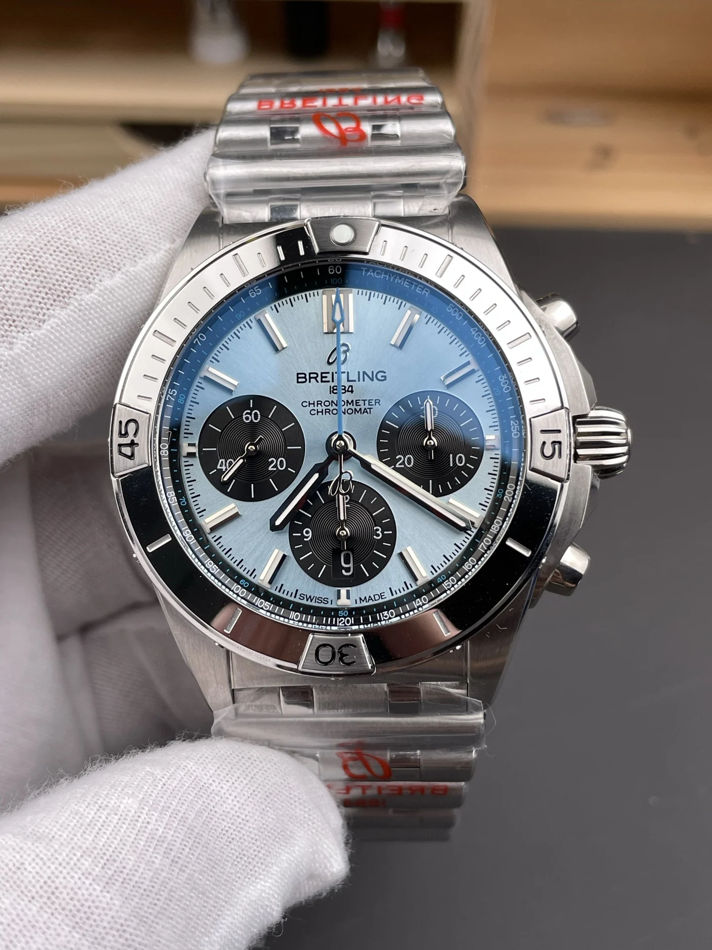 Breitling Ice Blue Blue Dial 42mm — photographed off the sweep