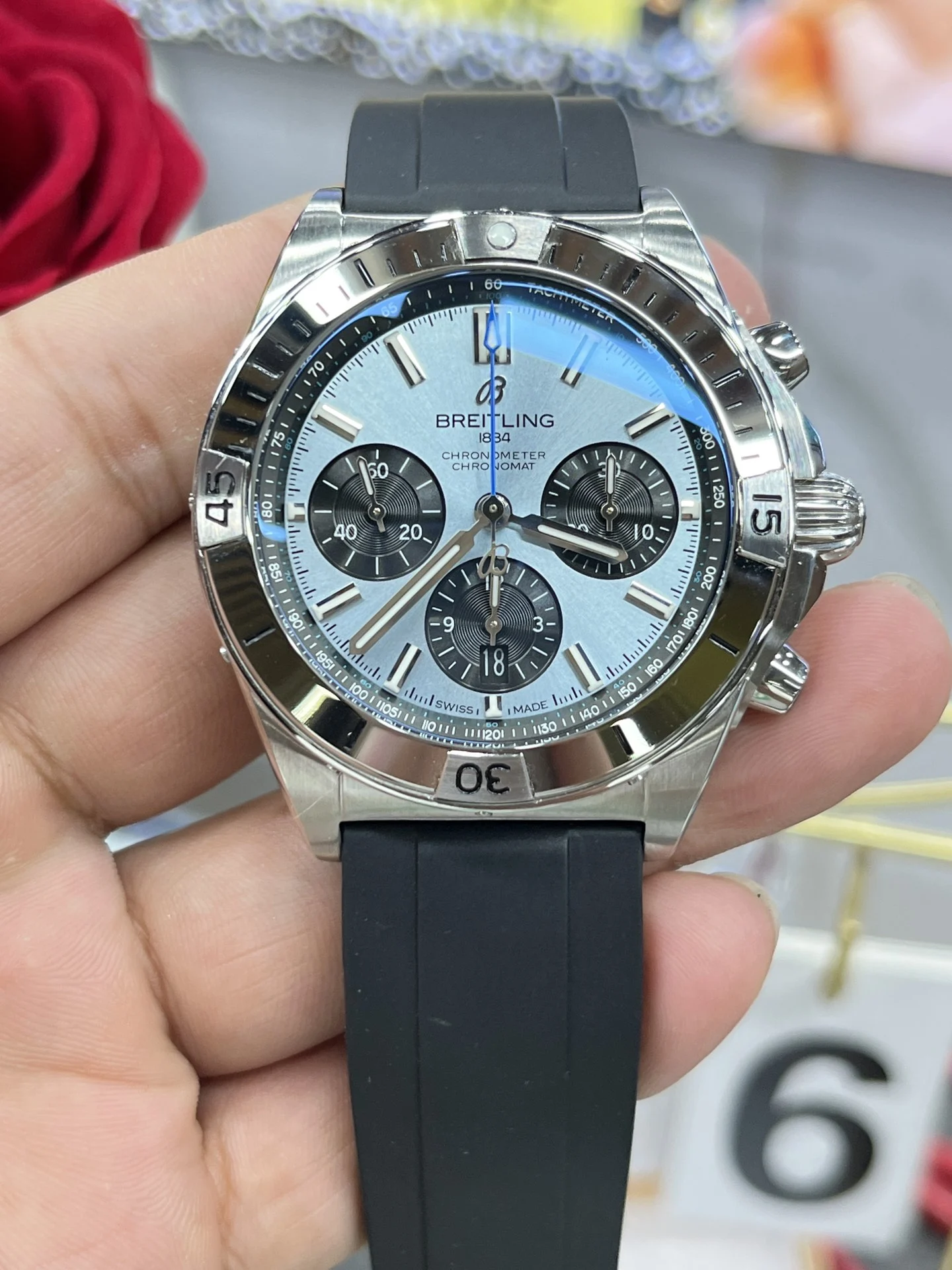 Breitling mechanical chronograph /B01 automatic winding — photographed off the sweep