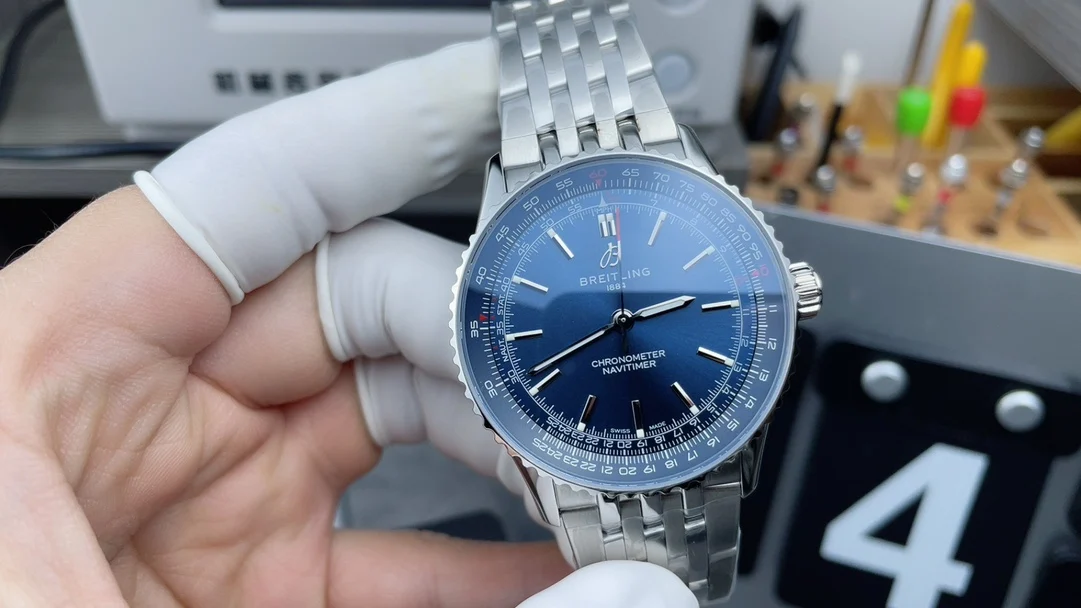 Breitling Navitimer Blue Dial — photographed off the sweep