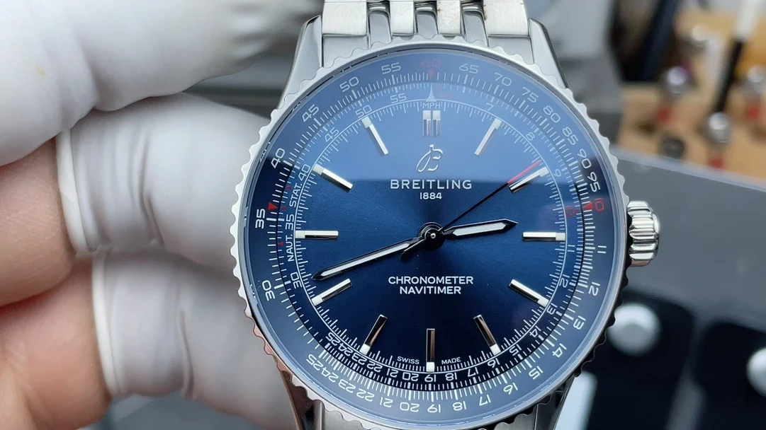 Breitling Navitimer Blue Dial — photographed off the sweep