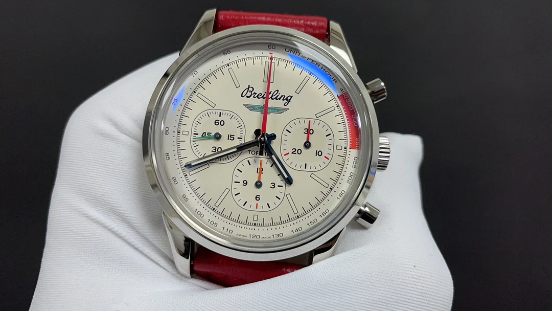 Breitling Navitimer Steel Blue Dial 42mm — photographed off the sweep