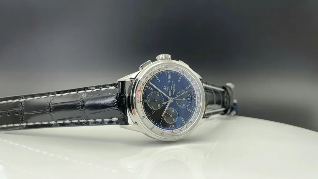 Breitling Premier Steel Blue Dial — photographed off the sweep