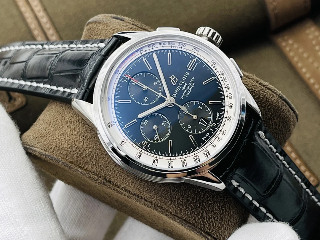 Breitling Premier Steel Blue Dial — photographed off the sweep