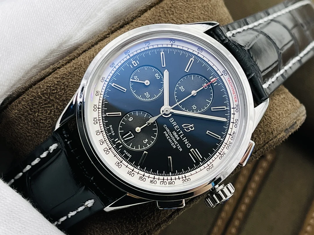 Breitling Premier Steel Blue Dial — photographed off the sweep