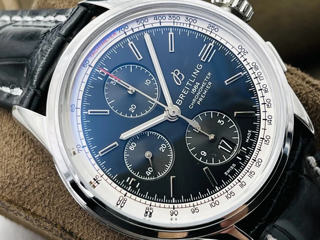 Breitling Premier Steel Blue Dial — photographed off the sweep