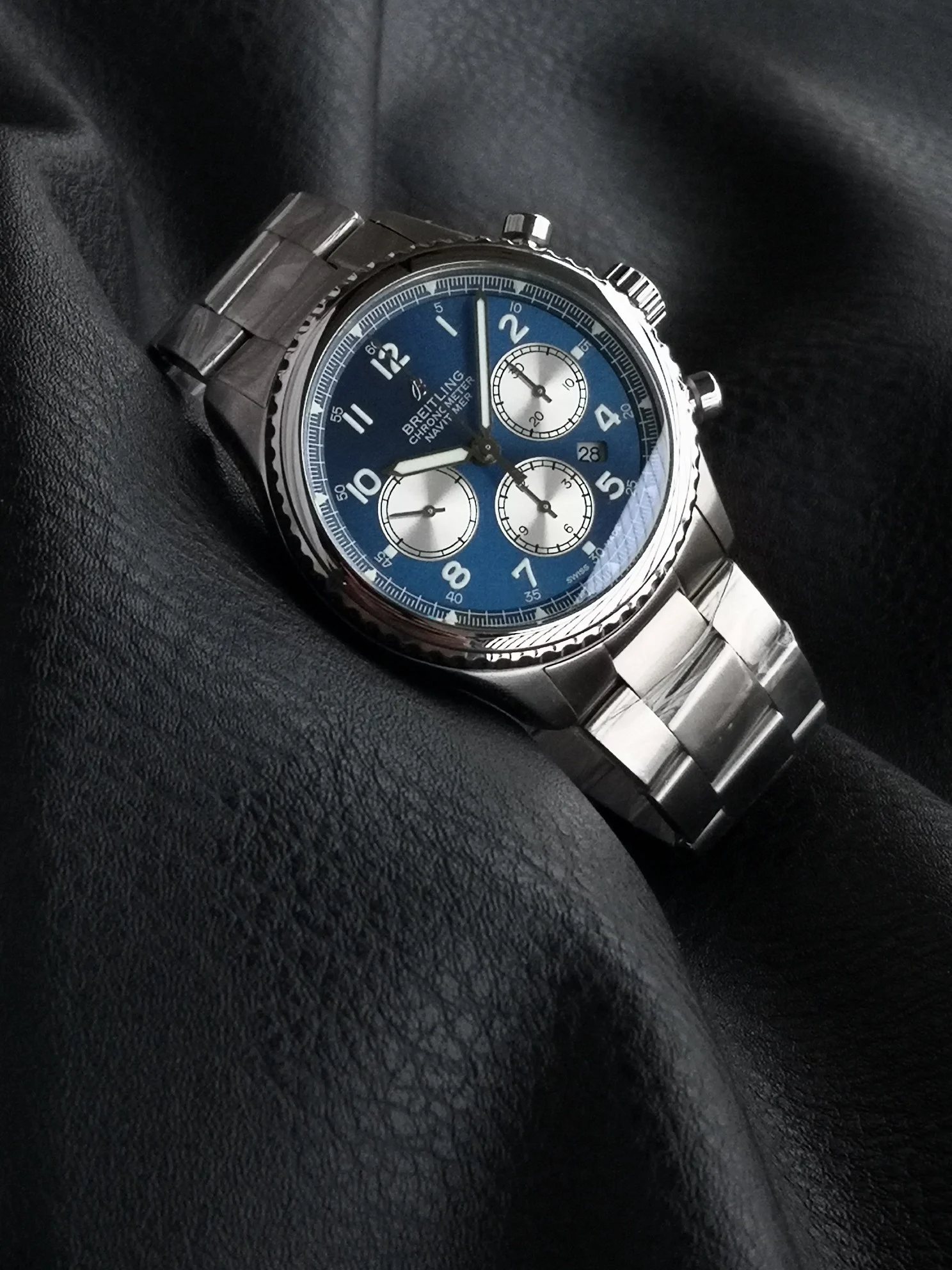 Breitling Steel Blue Dial — photographed off the sweep
