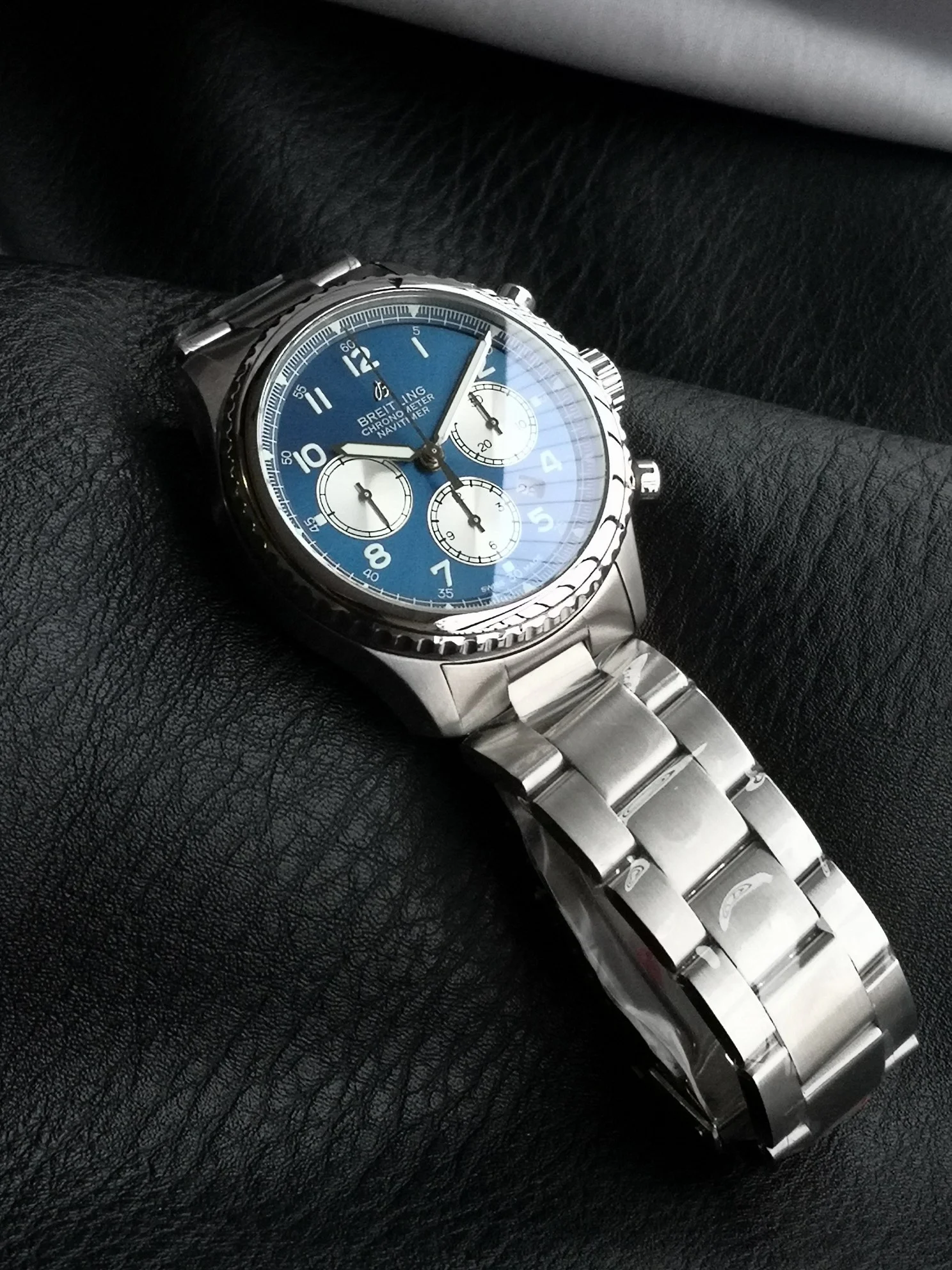 Breitling Steel Blue Dial — photographed off the sweep