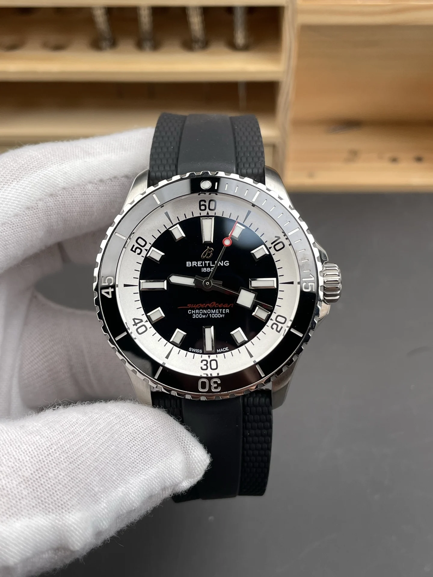 Breitling Superocean Black Dial 42mm — photographed off the sweep