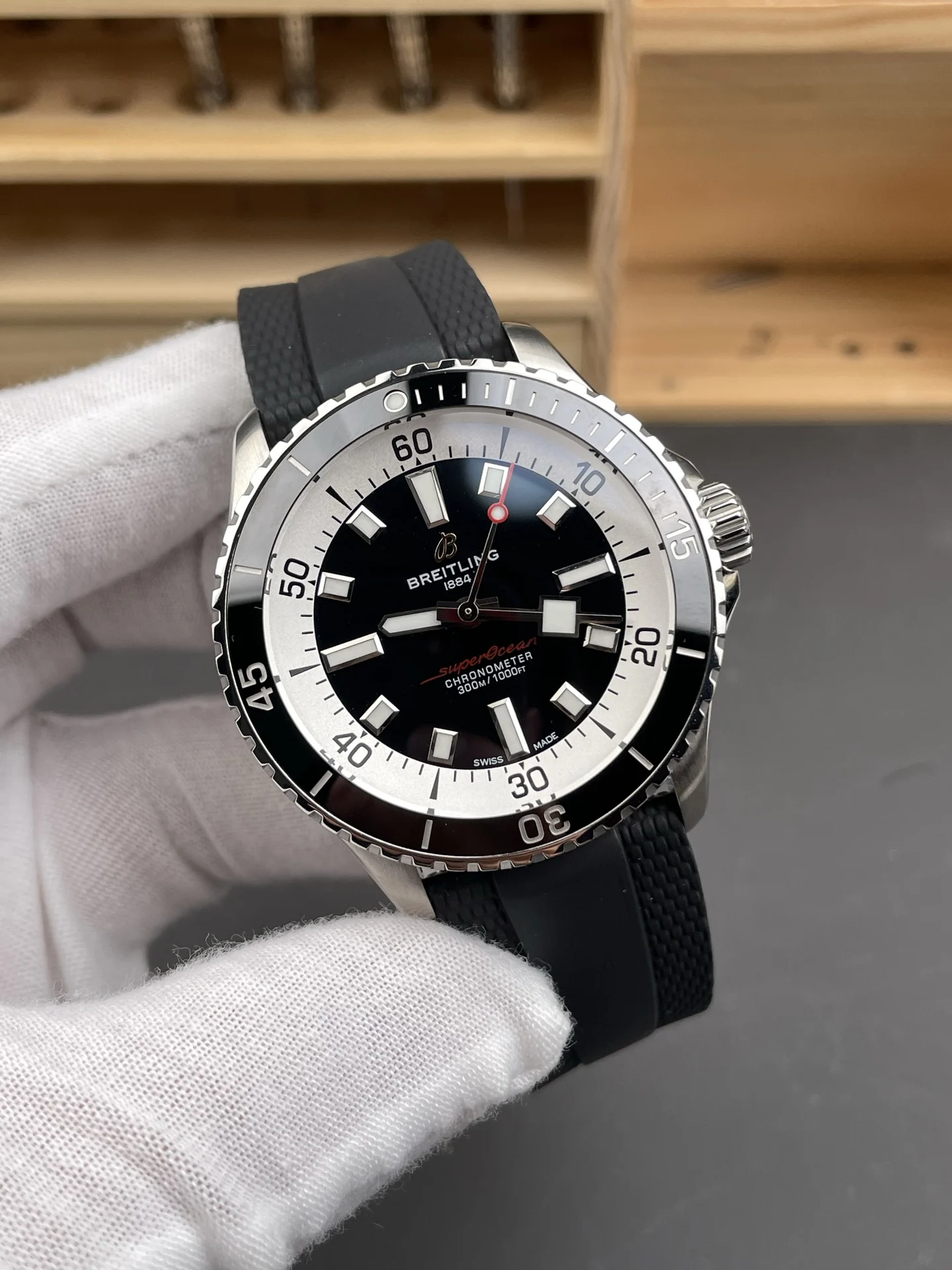Breitling Superocean Black Dial 42mm — photographed off the sweep