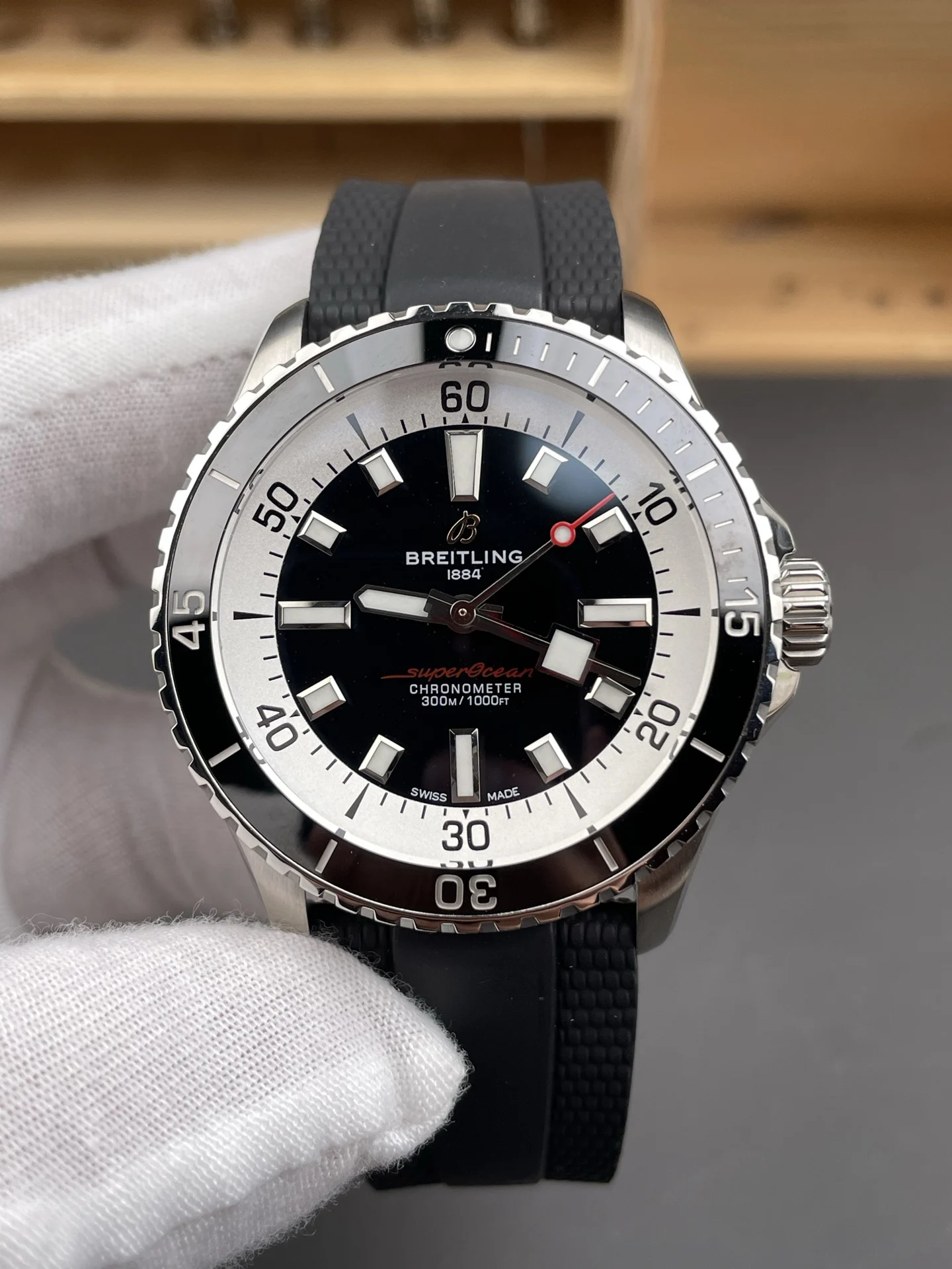Breitling Superocean Black Dial 42mm — photographed off the sweep