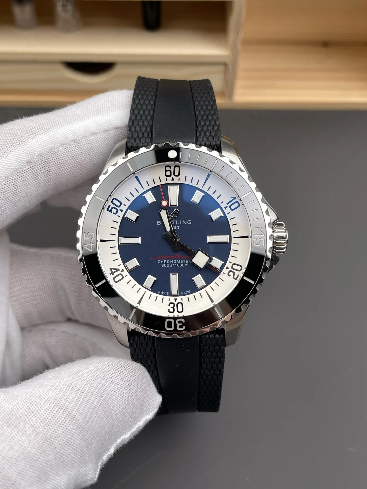 Breitling Superocean Blue Dial 44mm — photographed off the sweep