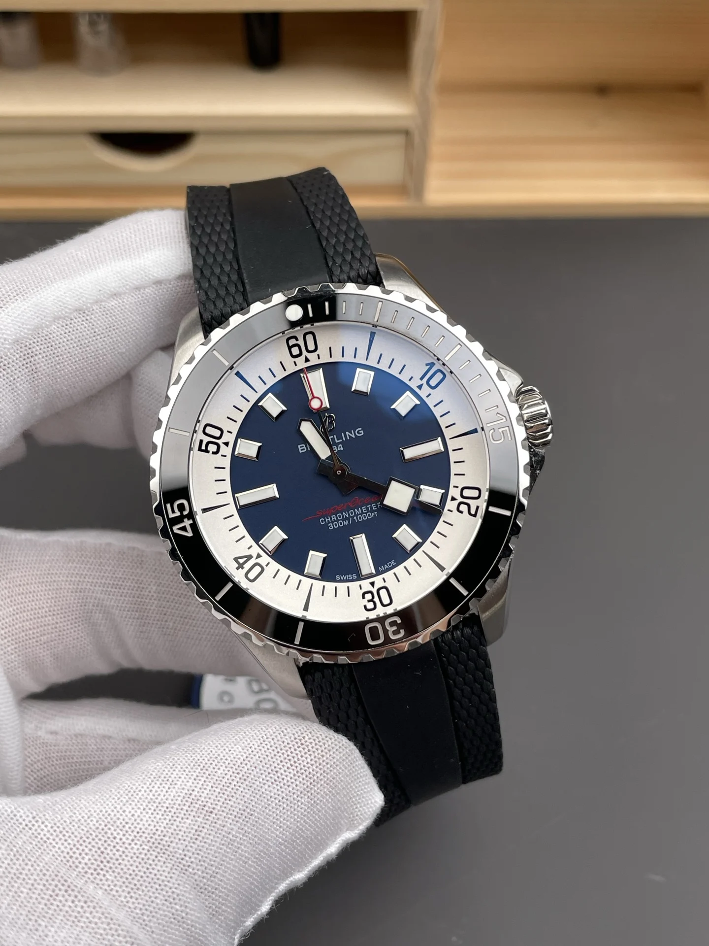 Breitling Superocean Blue Dial 44mm — photographed off the sweep