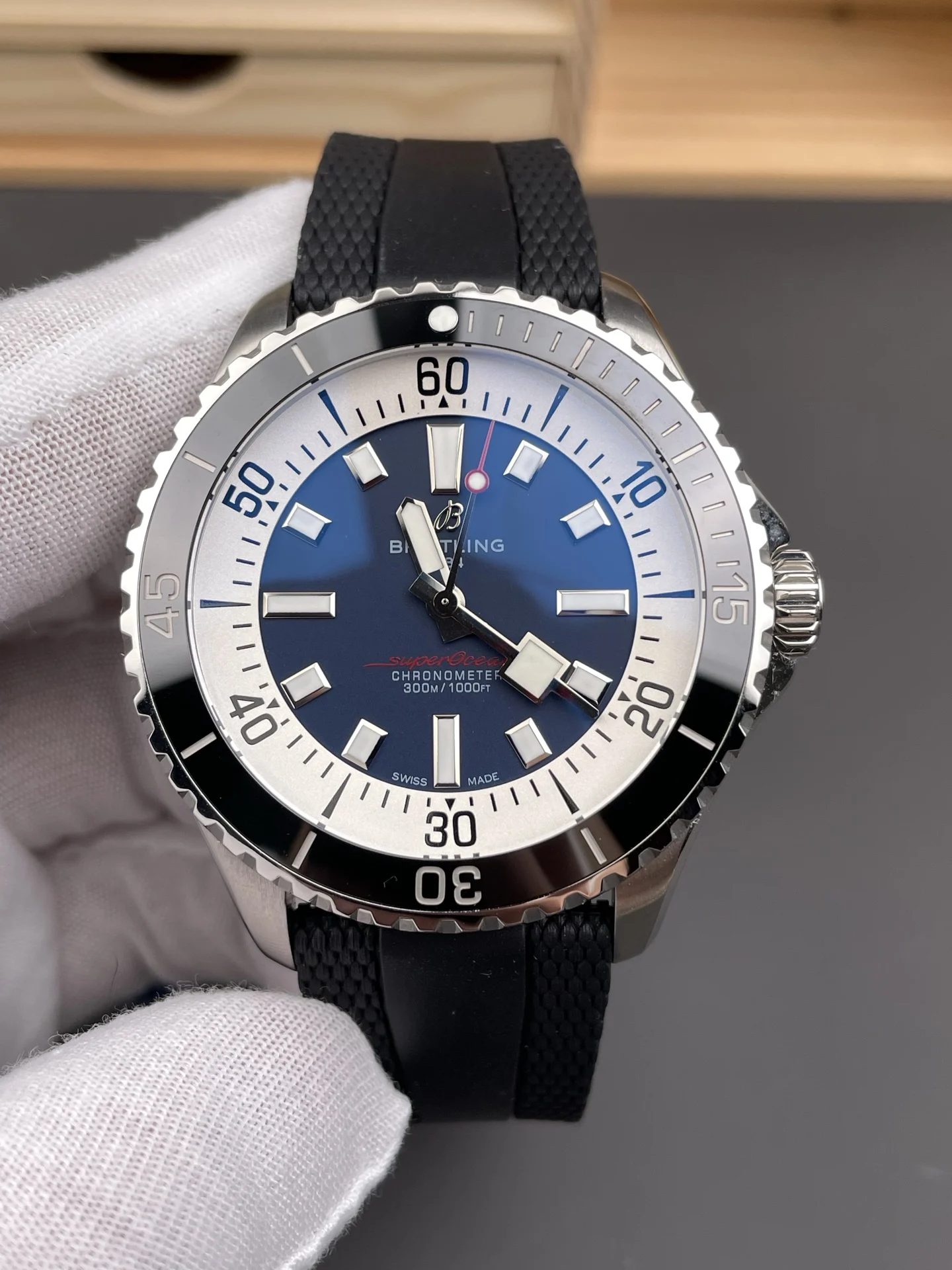 Breitling Superocean Blue Dial 44mm — photographed off the sweep