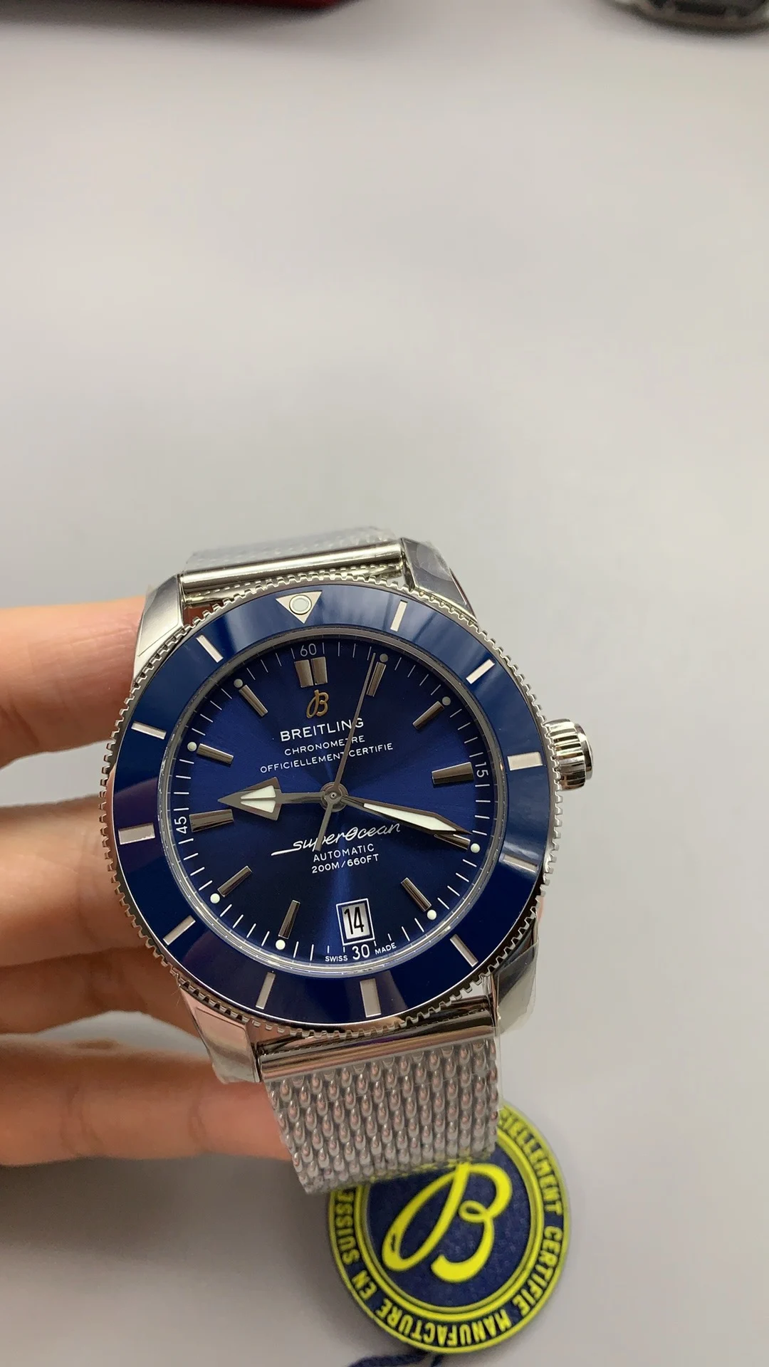 Breitling Superocean Blue Dial — photographed off the sweep