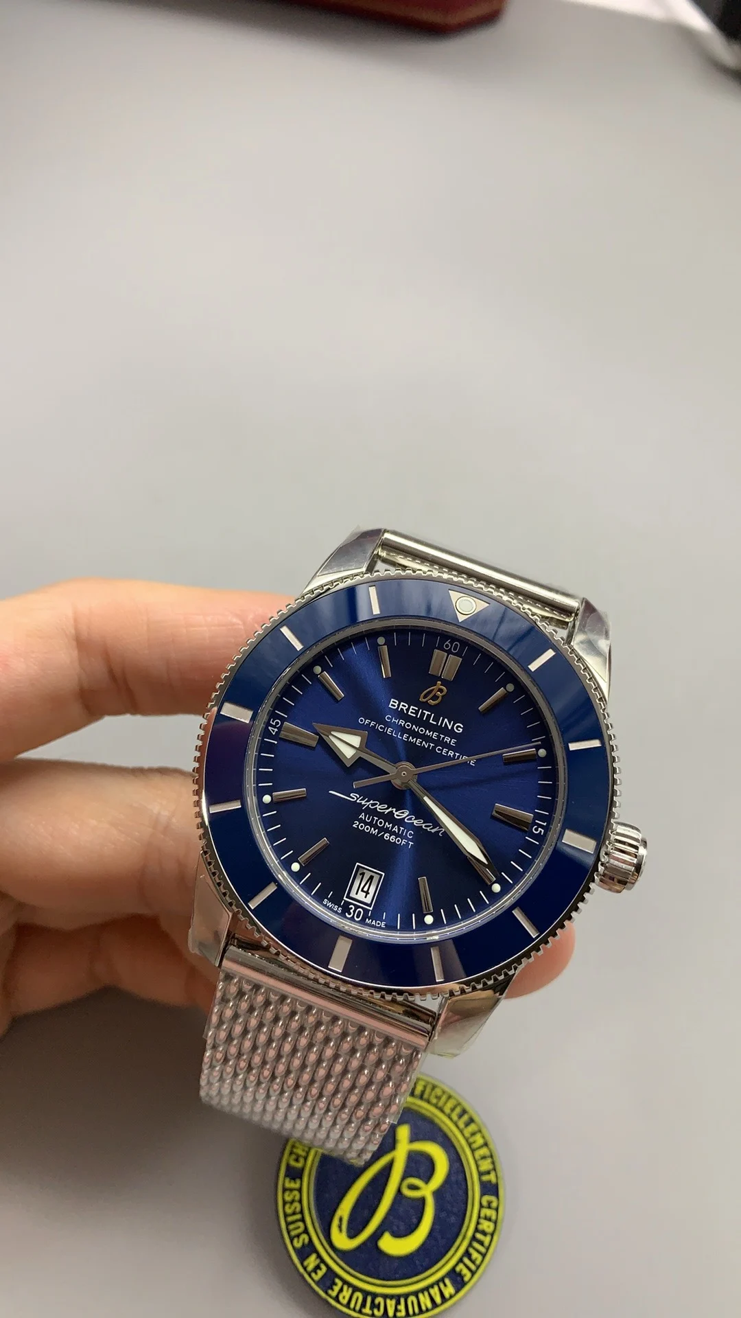 Breitling Superocean Blue Dial — photographed off the sweep