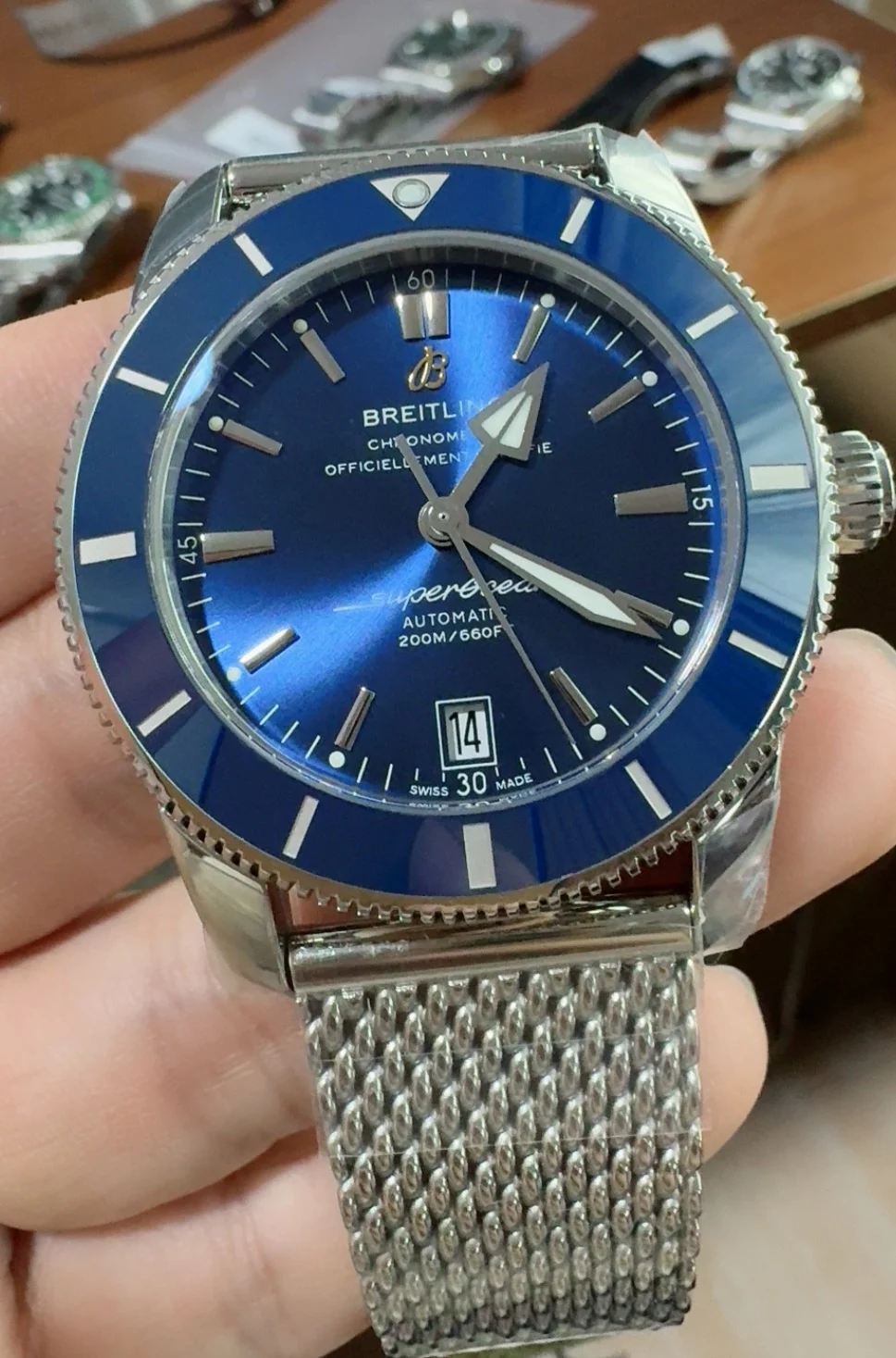 Breitling Superocean Blue Dial — photographed off the sweep