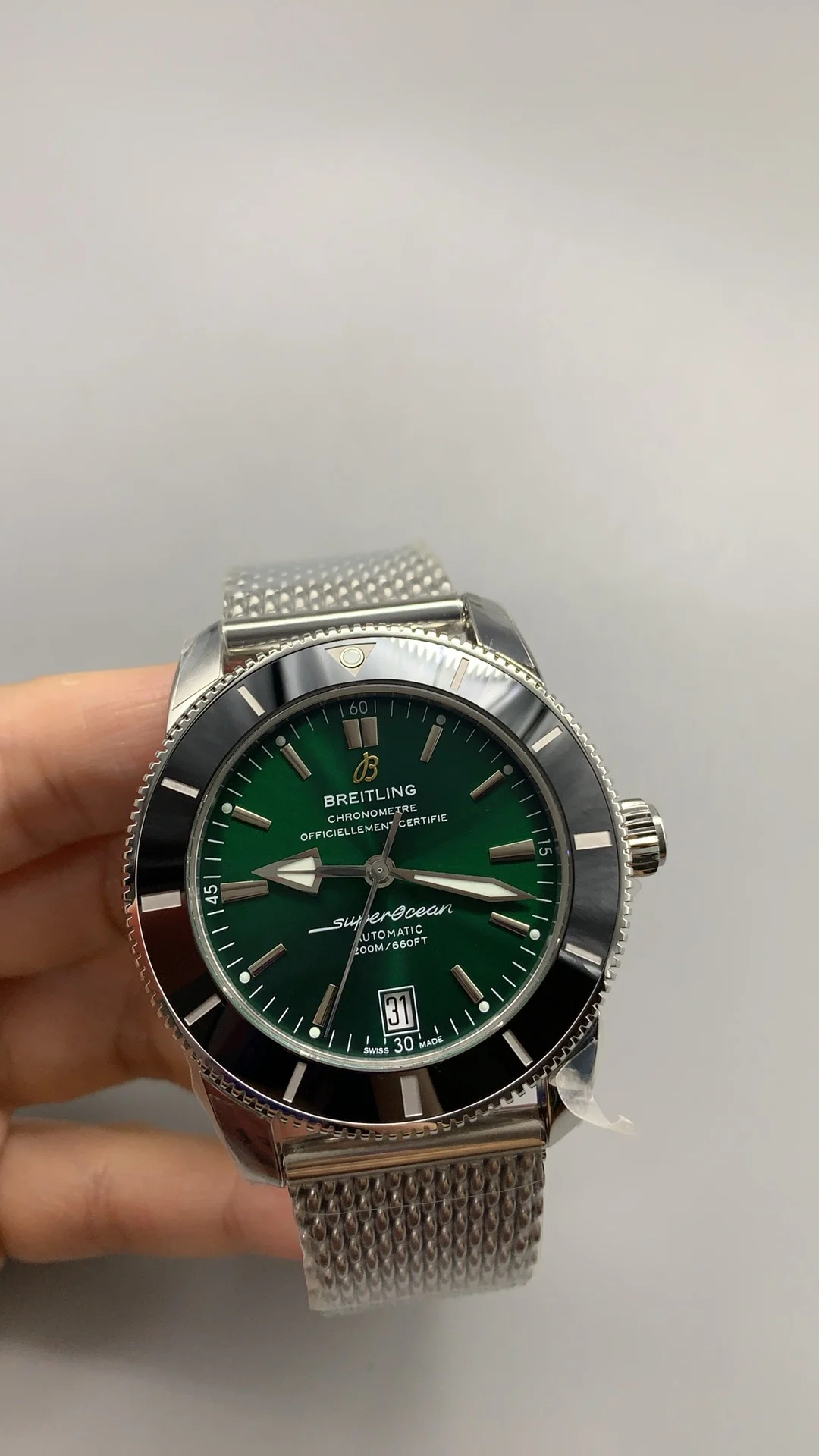 Breitling Superocean Green Dial — photographed off the sweep