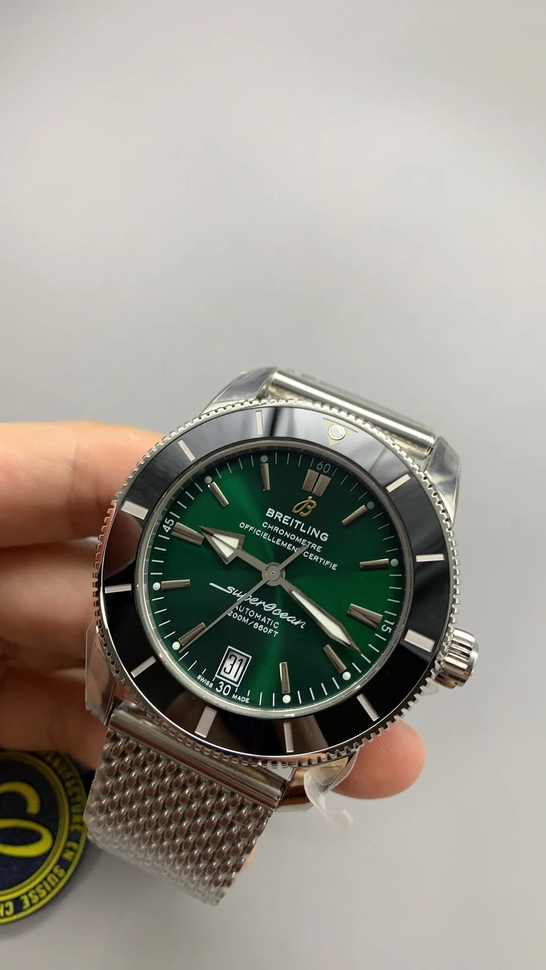 Breitling Superocean Green Dial — photographed off the sweep
