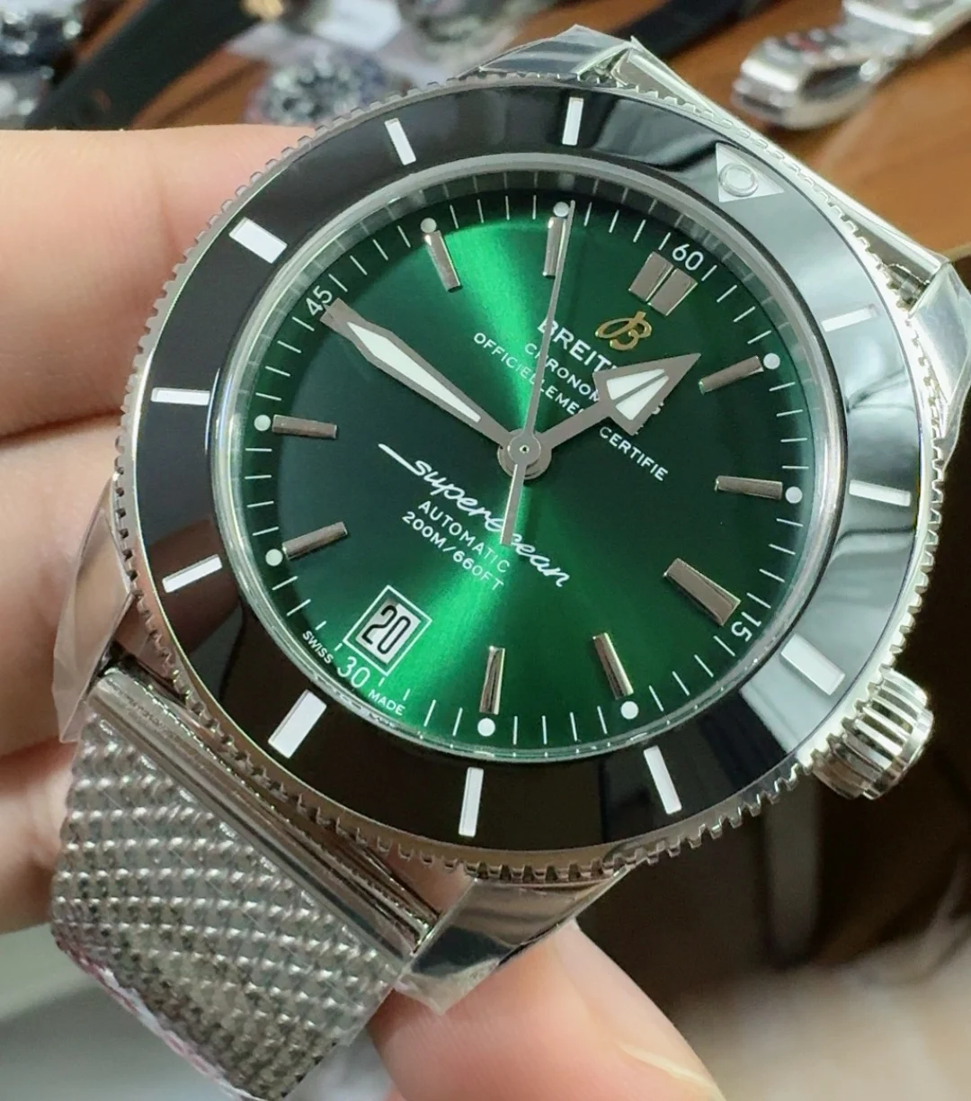 Breitling Superocean Green Dial — photographed off the sweep