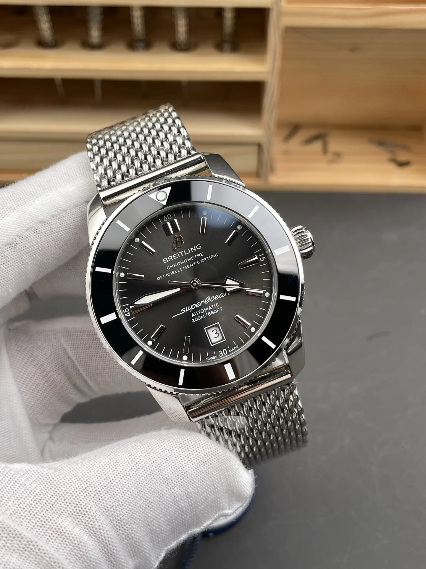 Breitling Superocean Grey Dial — photographed off the sweep