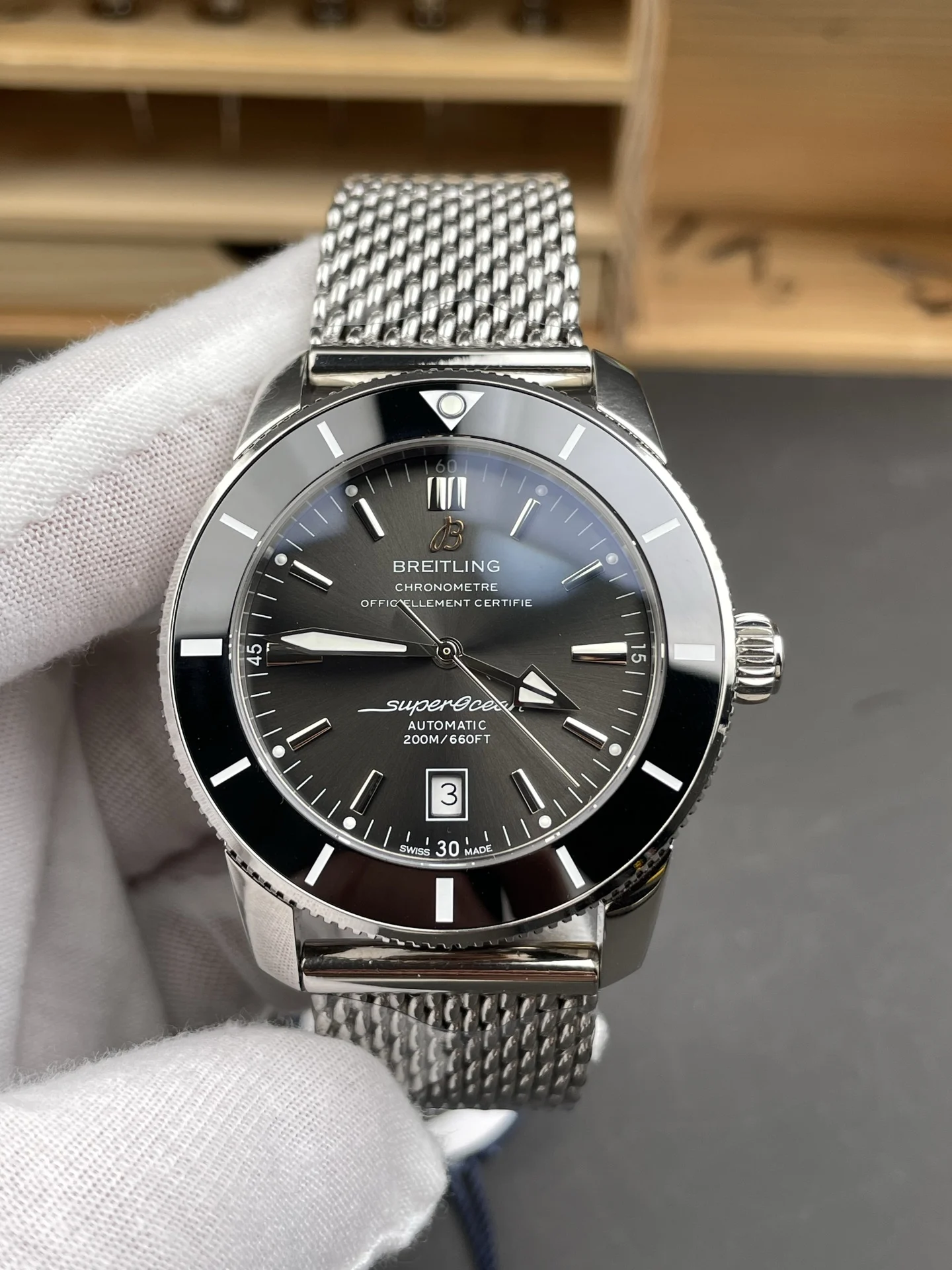 Breitling Superocean Grey Dial — photographed off the sweep