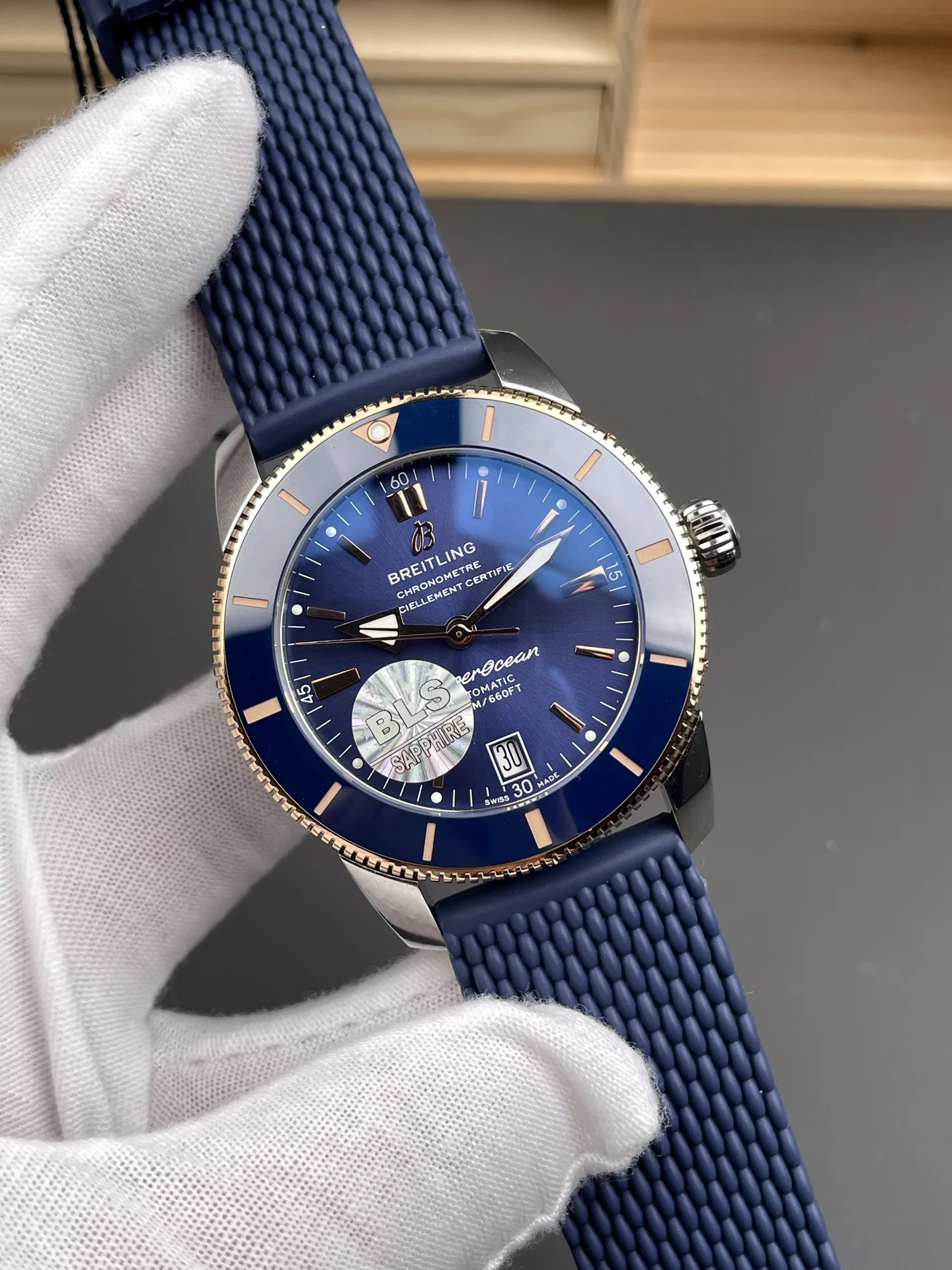 Breitling Superocean Rose Gold 40mm — photographed off the sweep