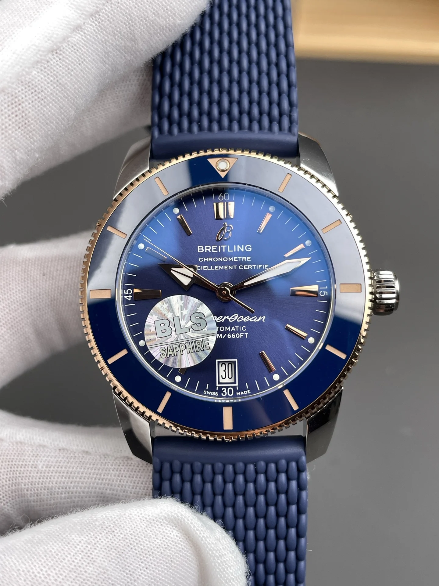 Breitling Superocean Rose Gold 40mm — photographed off the sweep