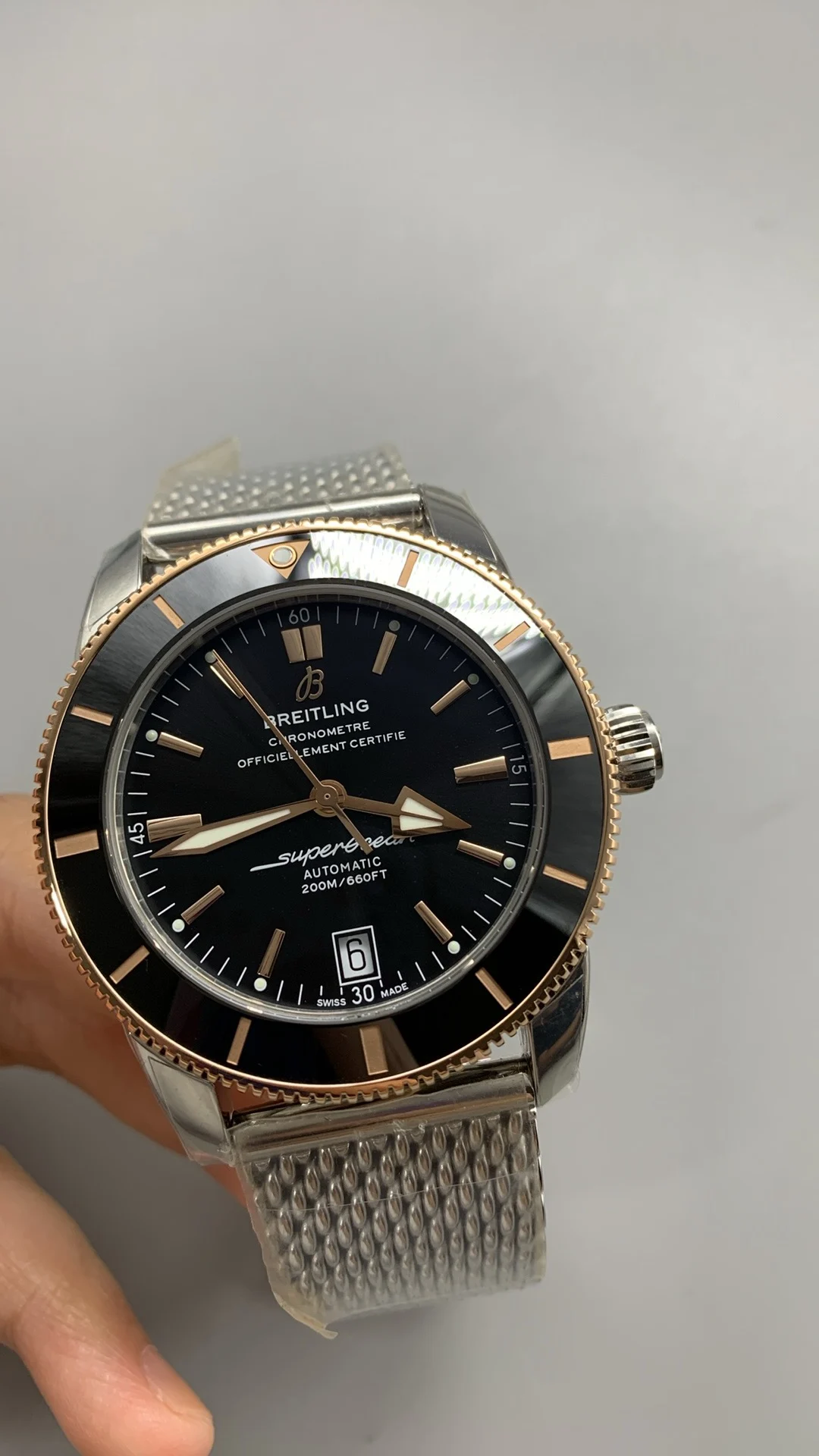 Breitling Superocean Rose Gold Black Dial — photographed off the sweep