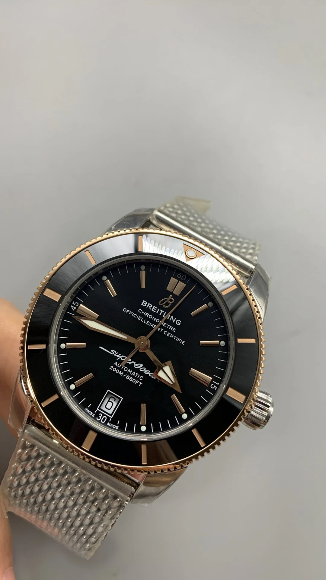 Breitling Superocean Rose Gold Black Dial — photographed off the sweep