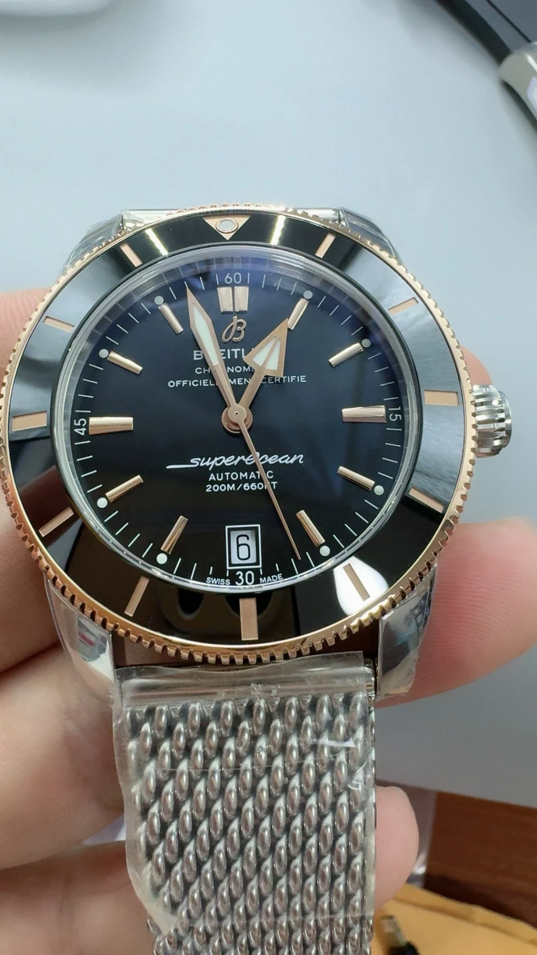 Breitling Superocean Rose Gold Black Dial — photographed off the sweep