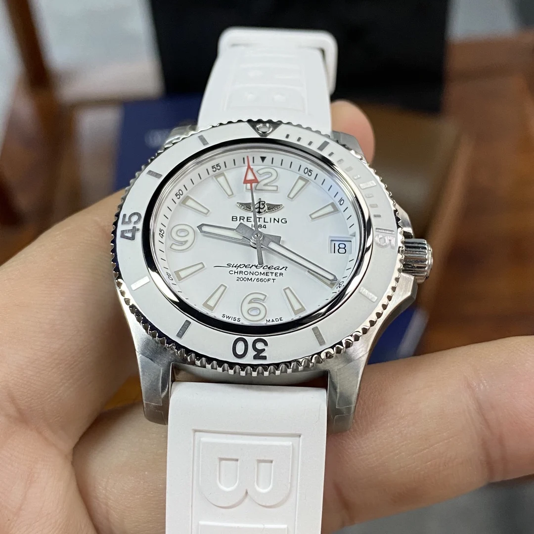 Breitling Superocean Steel White Dial — photographed off the sweep