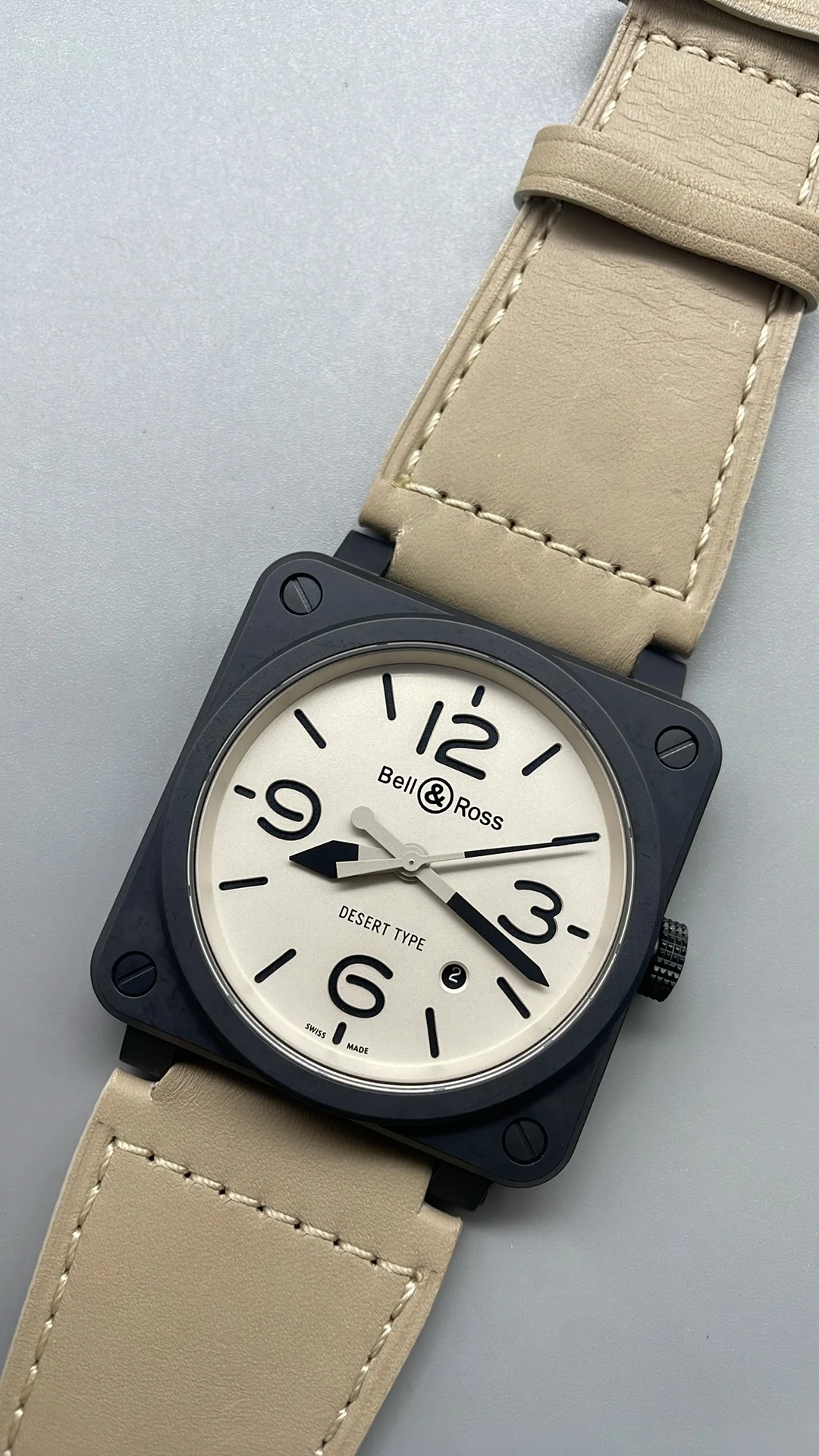 BRF, 43mm, all black ceramic, pink leather strap — photographed off the sweep