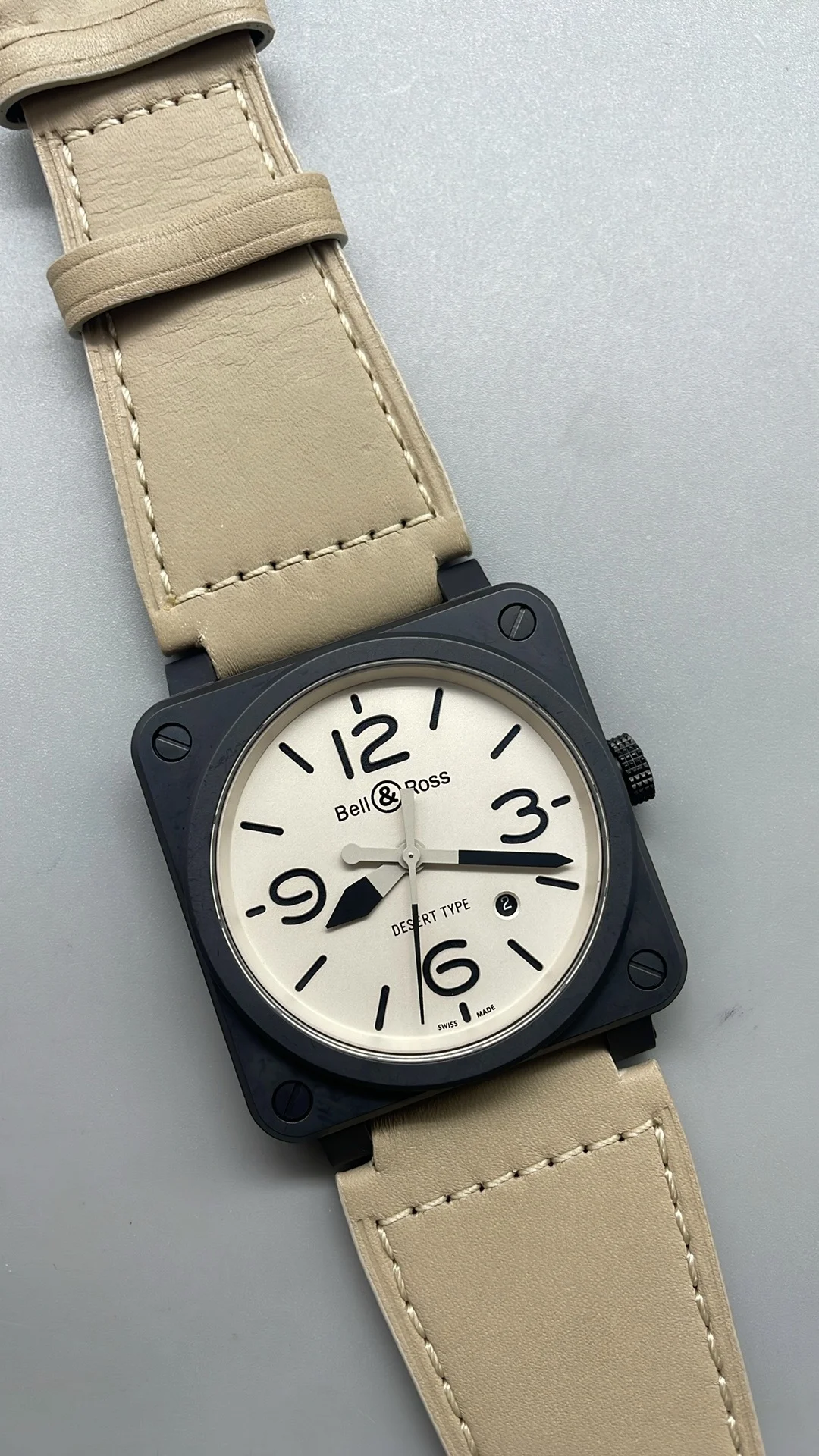 BRF, 43mm, all black ceramic, pink leather strap — photographed off the sweep