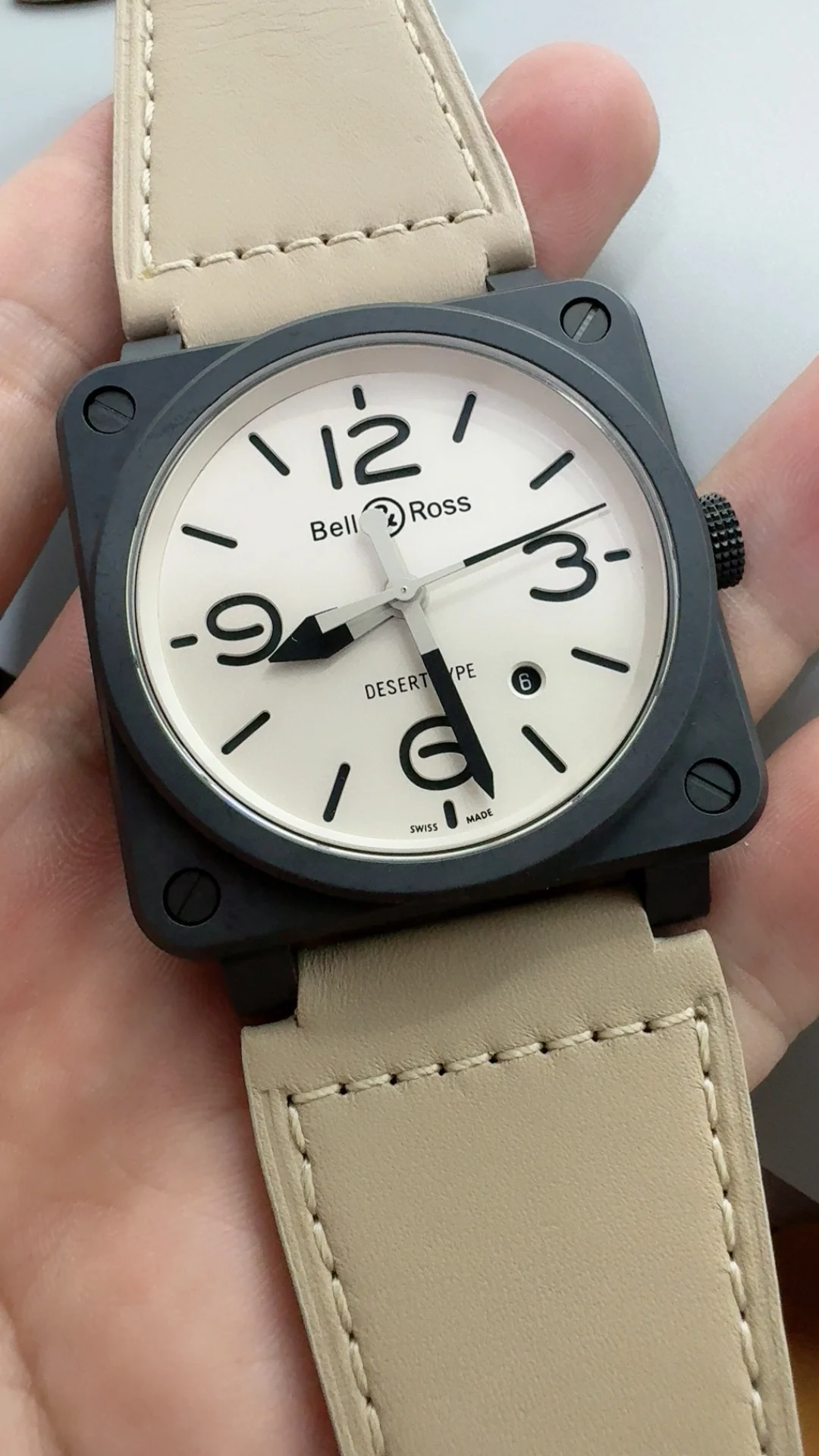 BRF, 43mm, all black ceramic, pink leather strap — photographed off the sweep