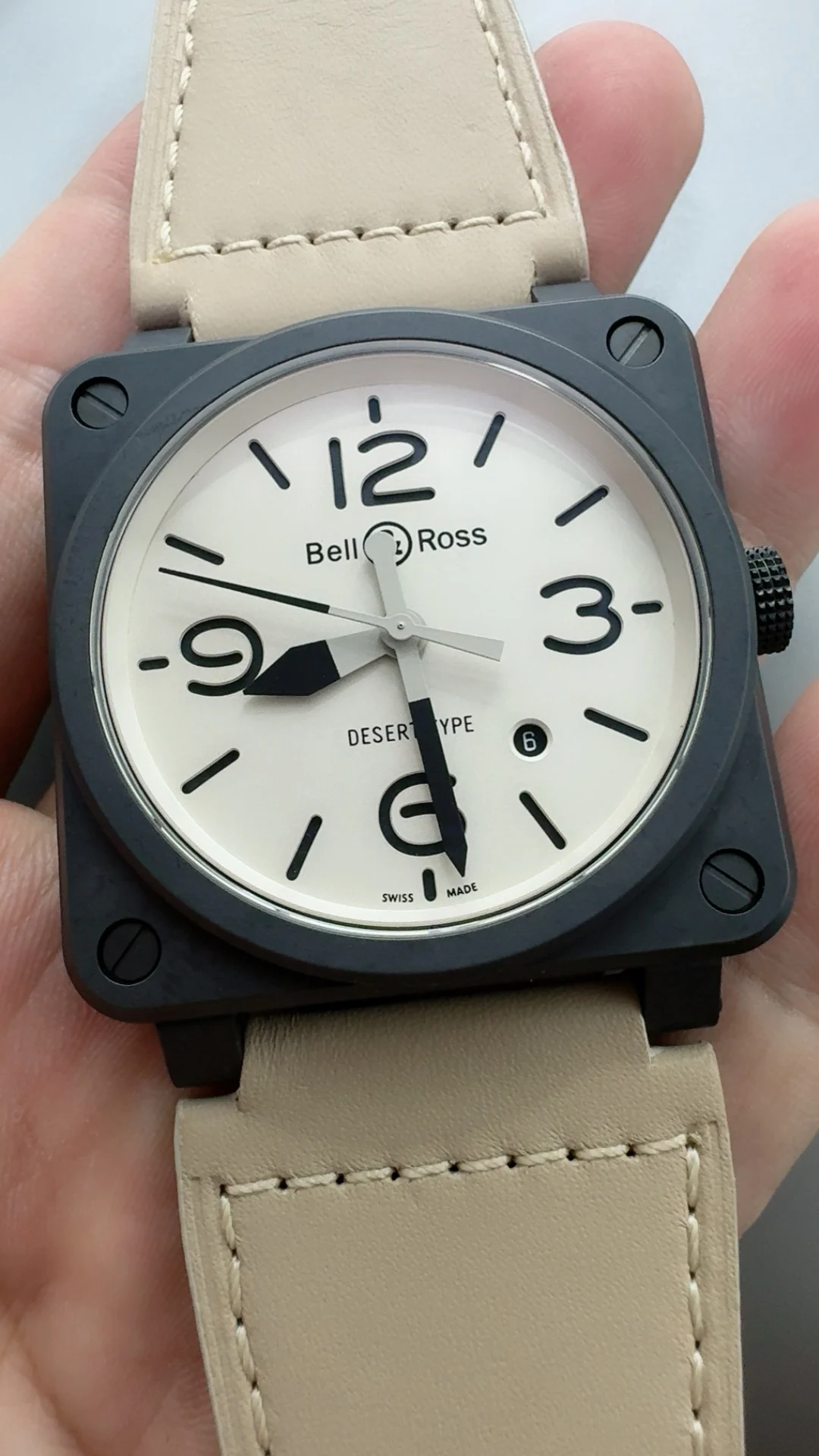 BRF, 43mm, all black ceramic, pink leather strap — photographed off the sweep