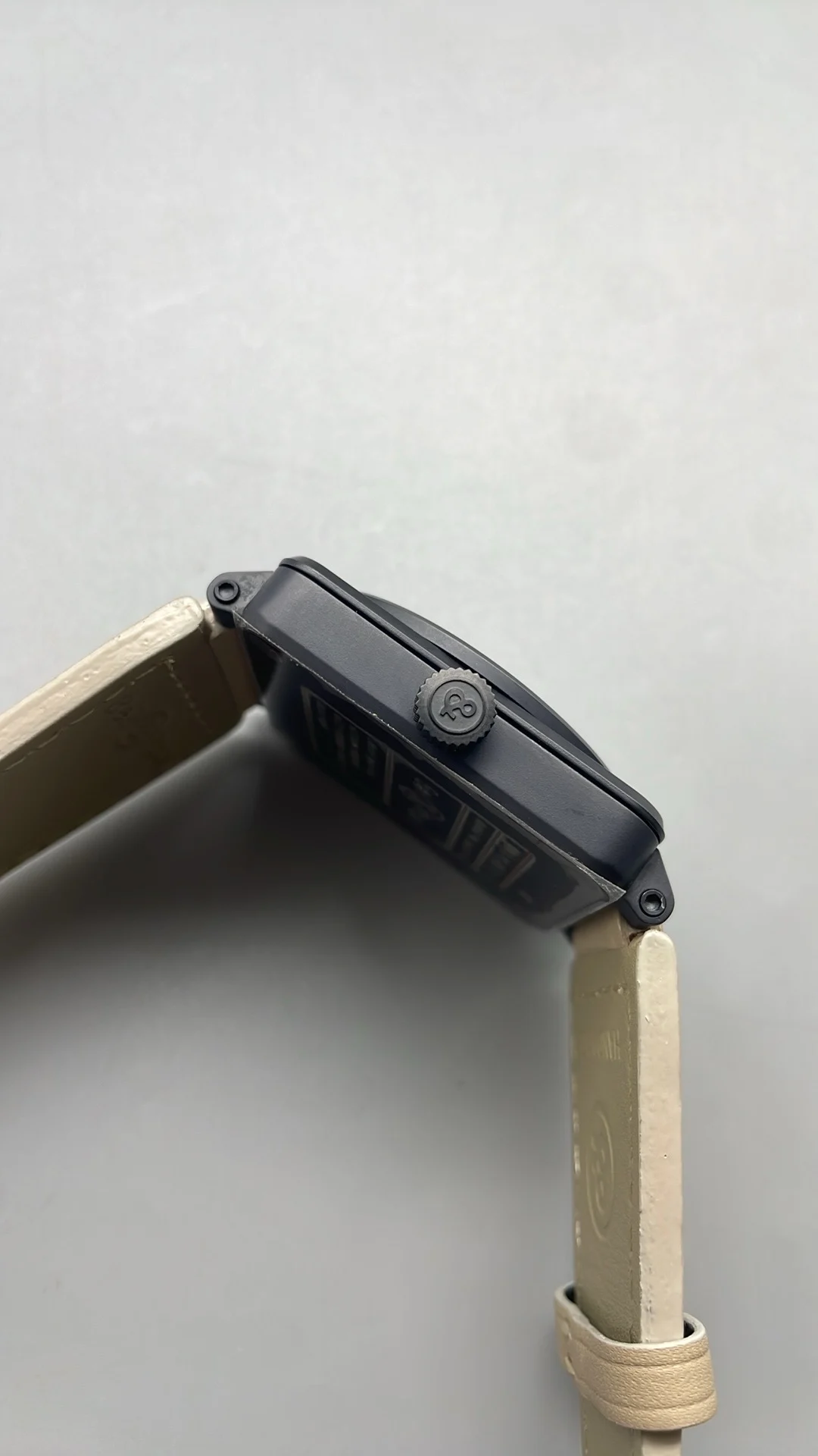 BRF, 43mm, all black ceramic, pink leather strap — photographed off the sweep