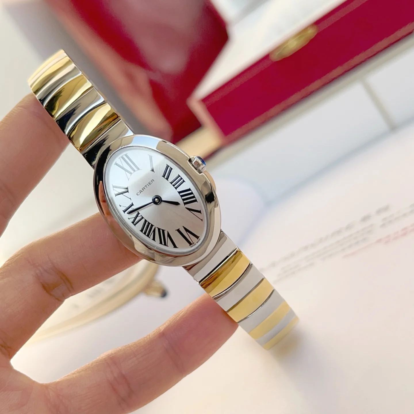 Cartier Baignoire Steel Silver Dial 23mm — photographed off the sweep