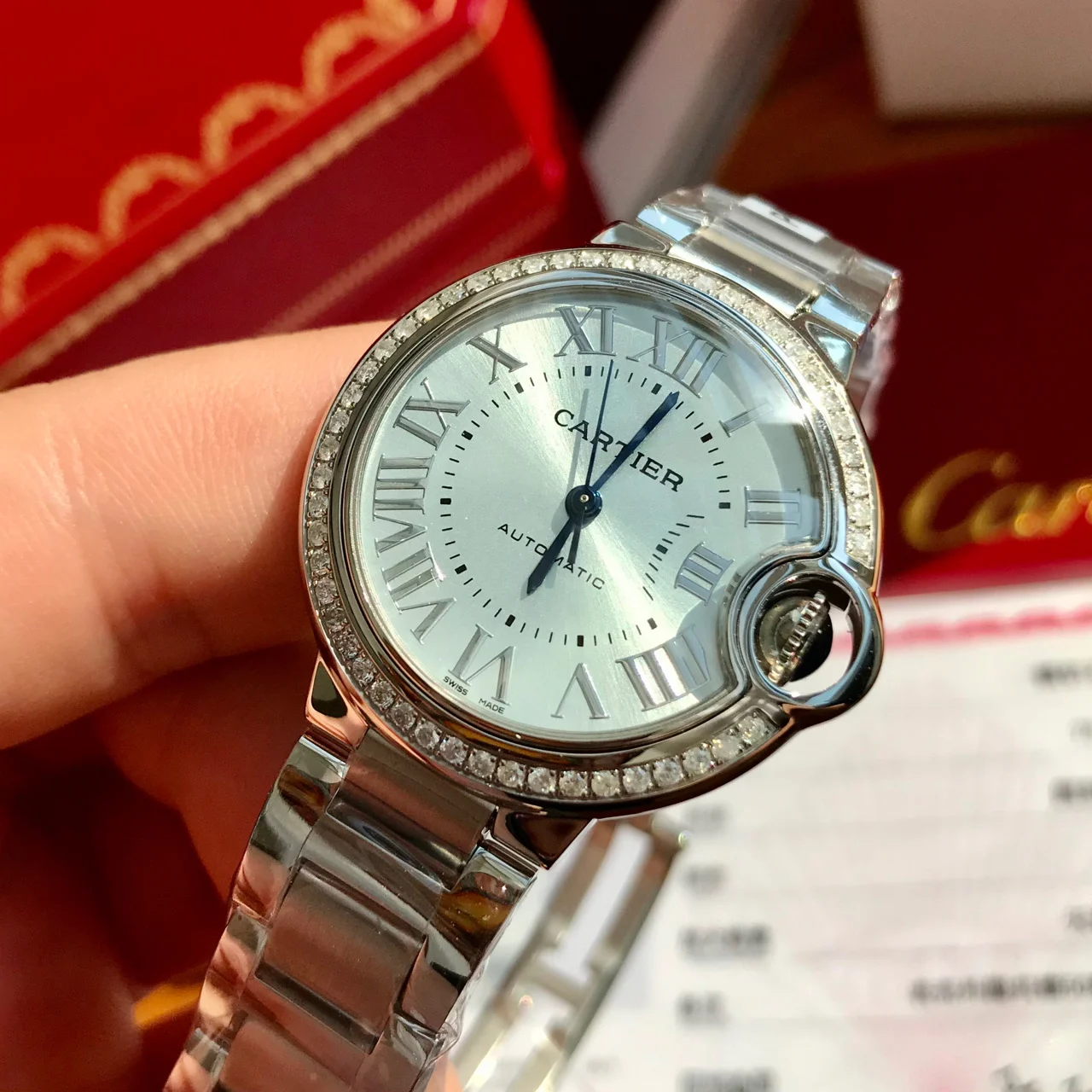 Cartier Ballon Bleu Blue Dial 33mm — photographed off the sweep