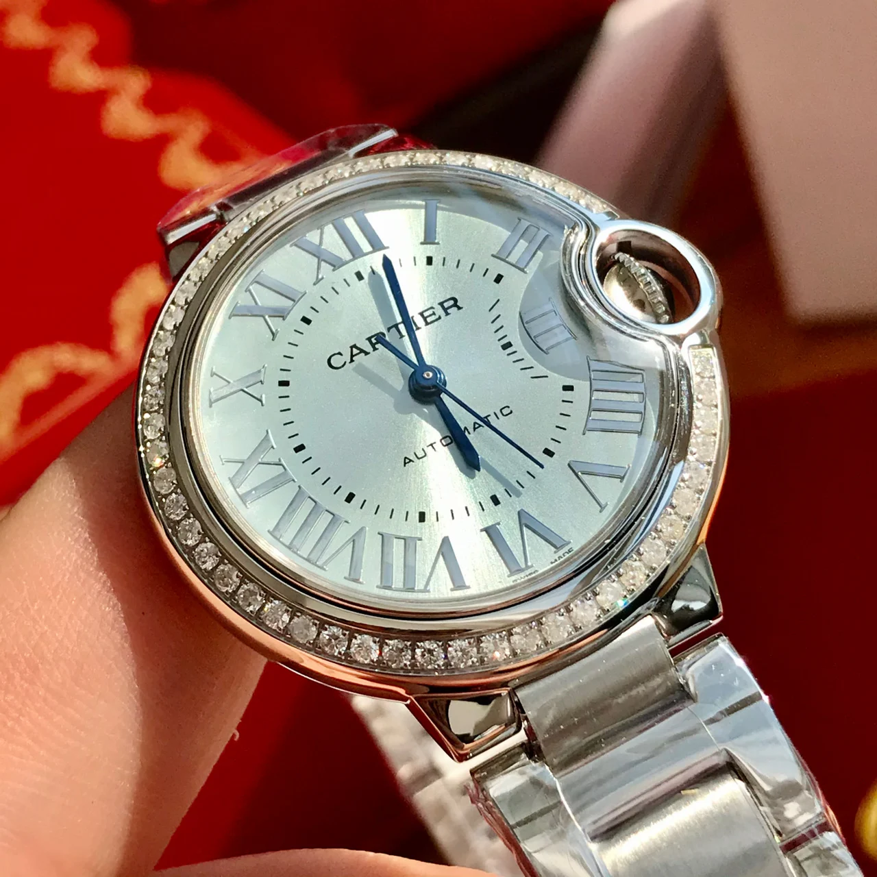 Cartier Ballon Bleu Blue Dial 33mm — photographed off the sweep