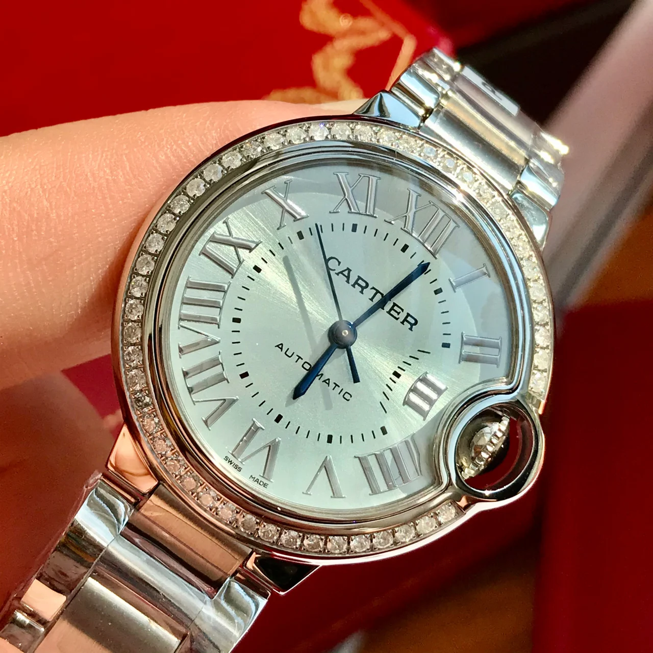 Cartier Ballon Bleu Blue Dial 33mm — photographed off the sweep