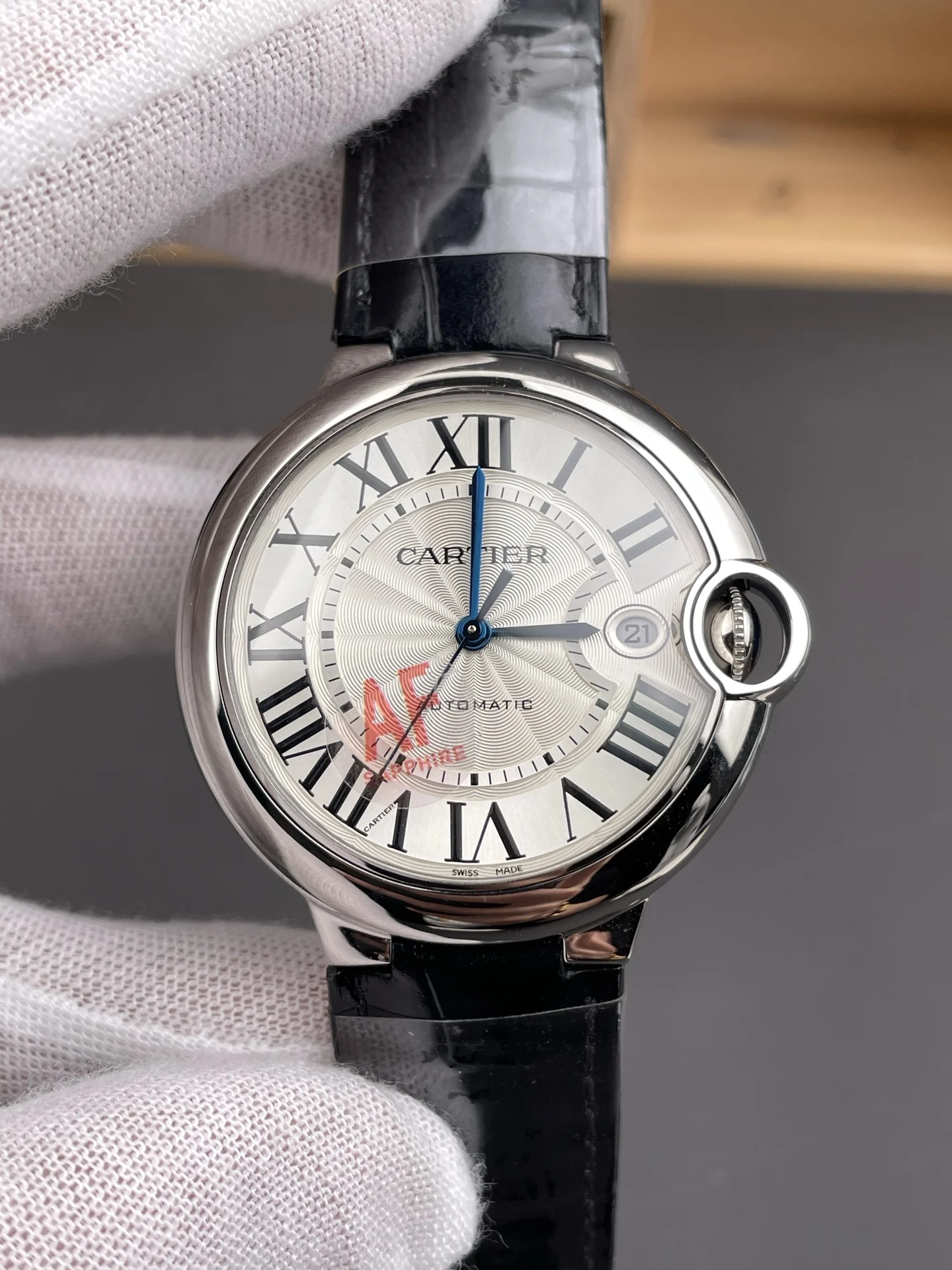 Cartier Ballon Bleu Blue Dial 40mm — photographed off the sweep