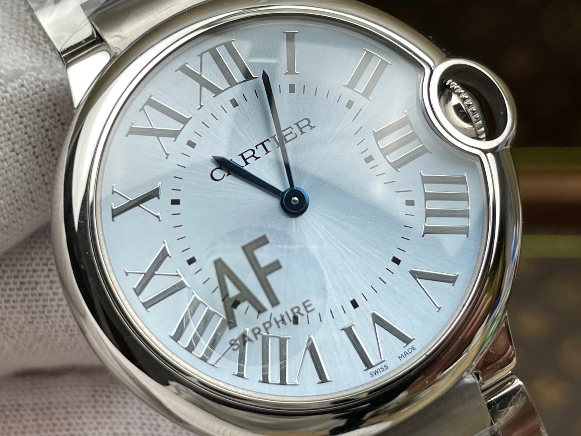 Cartier Ballon Bleu Ice Blue Blue Dial 36mm — photographed off the sweep