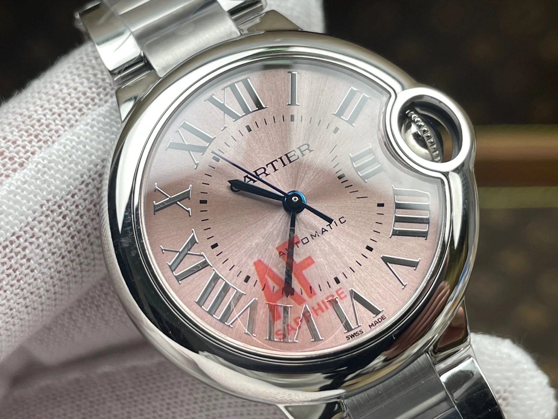 Cartier Ballon Bleu Pink Dial 33mm — photographed off the sweep