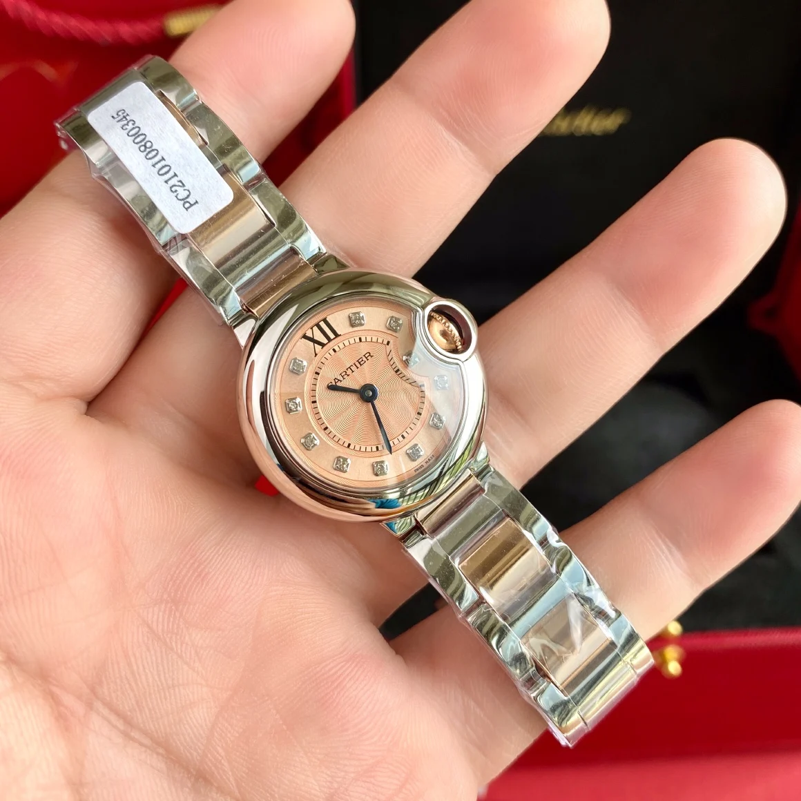 Cartier Ballon Bleu Rose Gold 28mm — photographed off the sweep