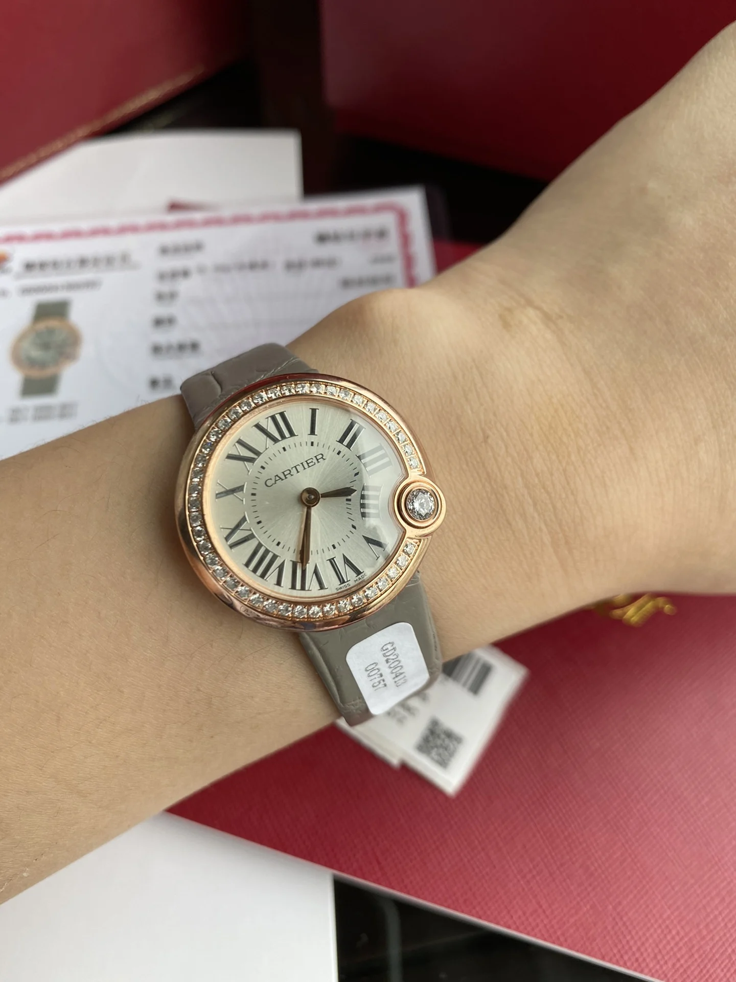 Cartier Ballon Bleu Rose Gold Black Dial Diamond-Set — photographed off the sweep