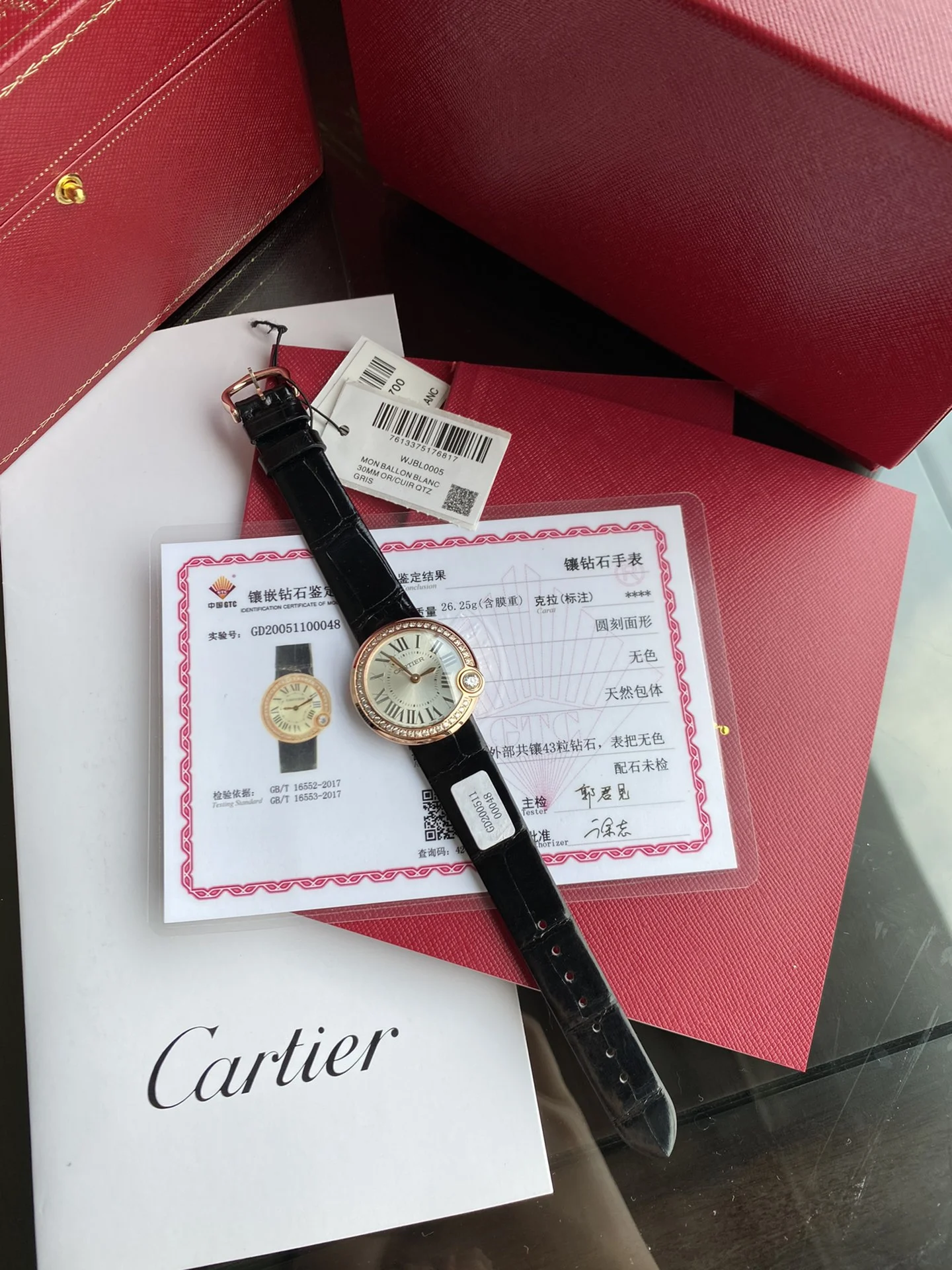Cartier Ballon Bleu Rose Gold Black Dial Diamond-Set — photographed off the sweep
